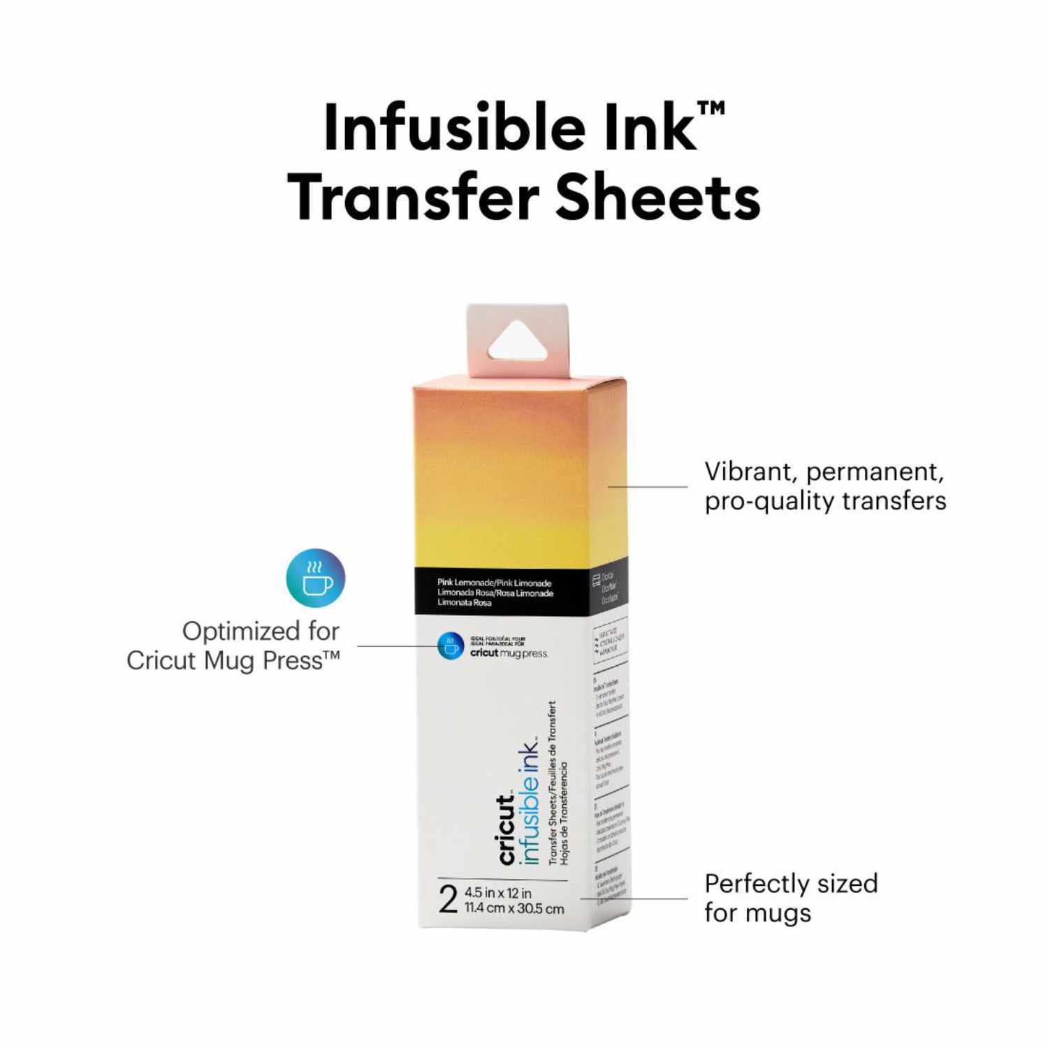 Infusible Ink Transferbogen Pink Lemonade 11,4x30,5cm, 2 Stück, von Cricut, ideal für Tassen, zeigt eine bunte Verpackung.