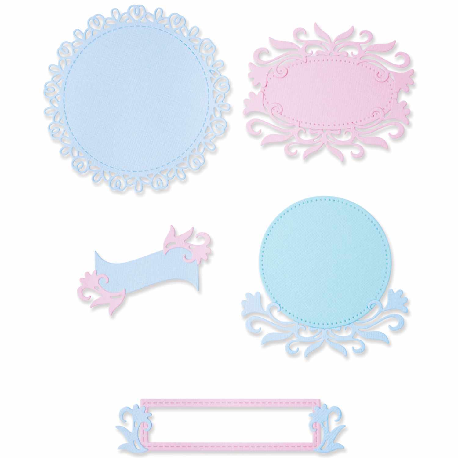 Thinlits Flourish Frames von Lisa Jones: Fünf dekorative Rahmen in Pastellblau und Rosa von Sizzix, ideal für kreative Bastelprojekte.