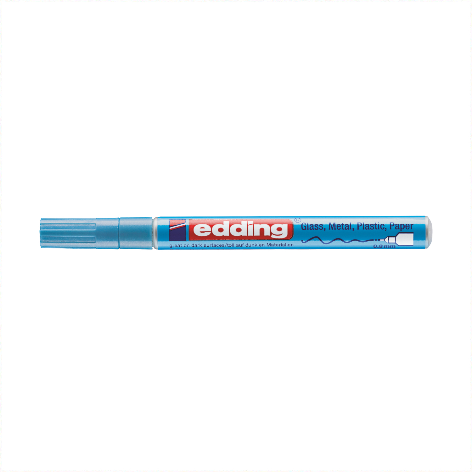 780 Glanzlackmarker in Hellblau Metallic von edding, geeignet für Glas, Metall, Plastik und Papier. Ideal für präzise und dauerhafte Markierungen.
