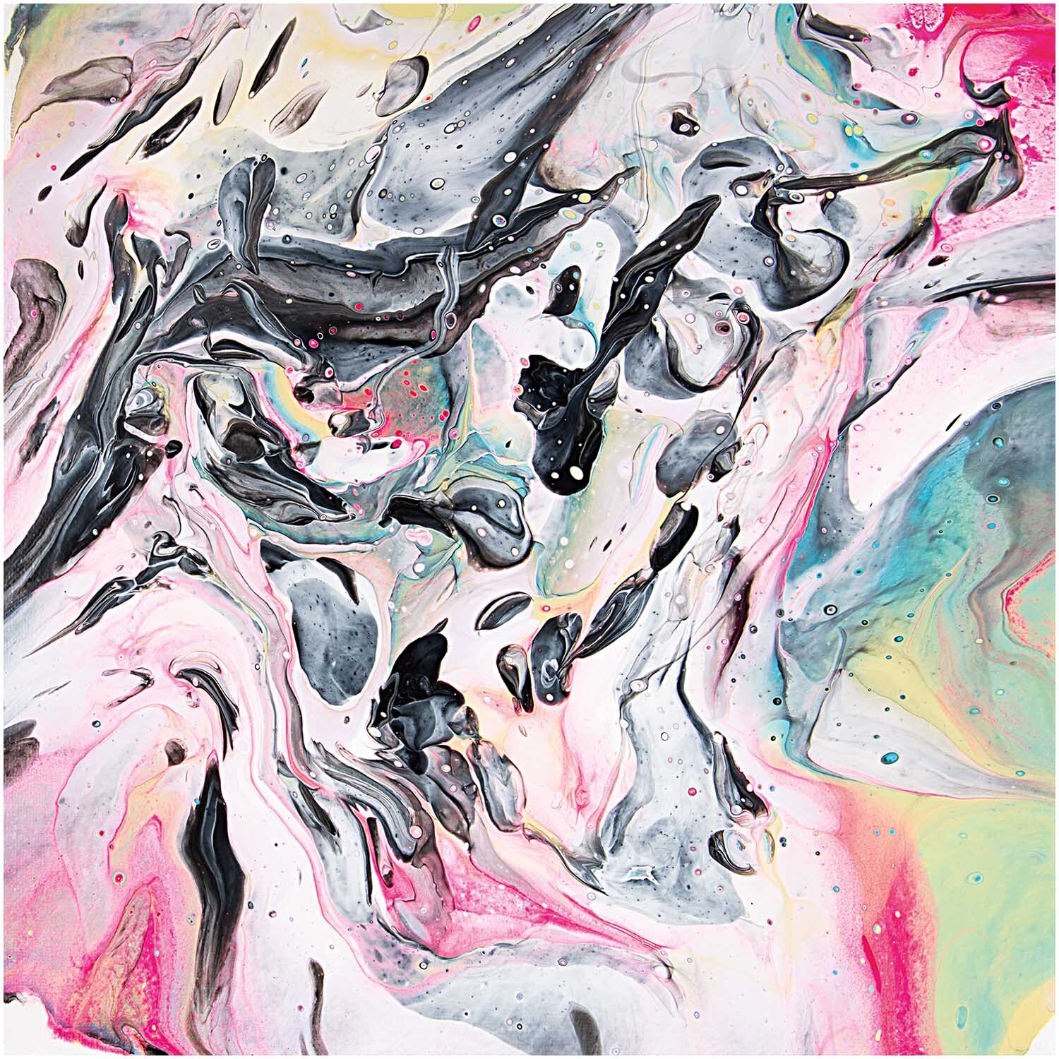 Pouring Medium matt: Abstrakte Kunst mit fließenden Farben in Rosa, Schwarz und Blau, transparent.