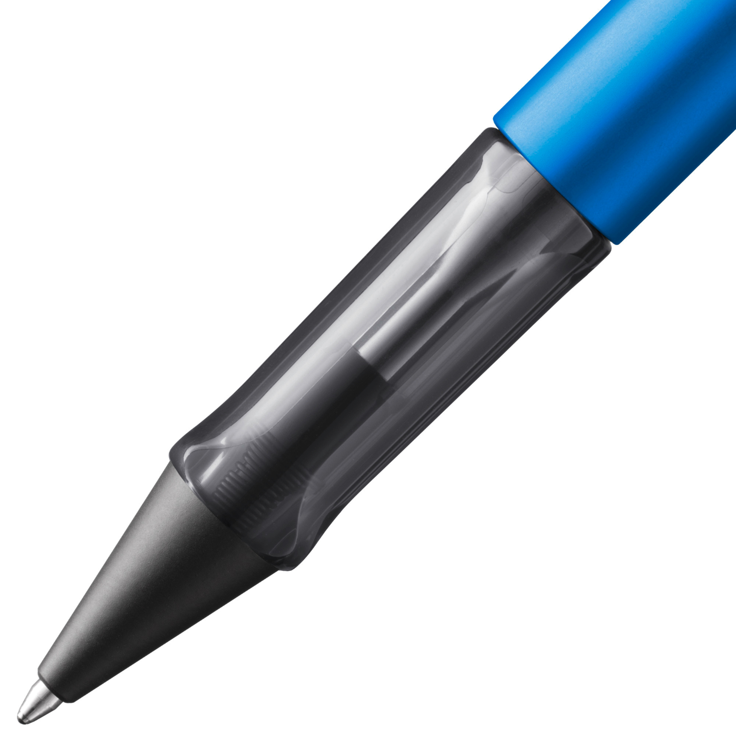 Lamy AL-star Kugelschreiber in Oceanblue mit transparentem Griffbereich und schwarzer Spitze.