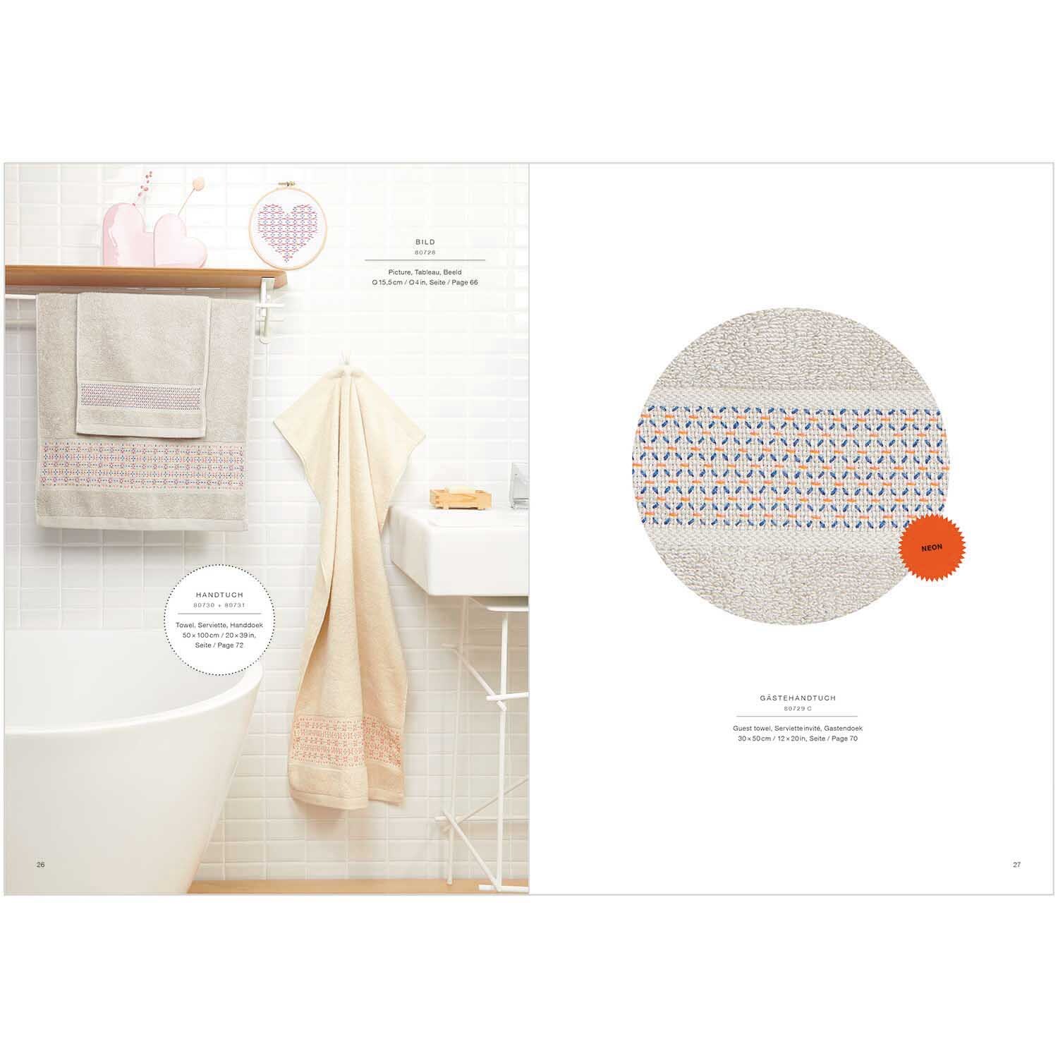 Stickbuch Happy Baby Nr. 179 zeigt ein Badezimmer mit bestickten Handtüchern von Rico Design.