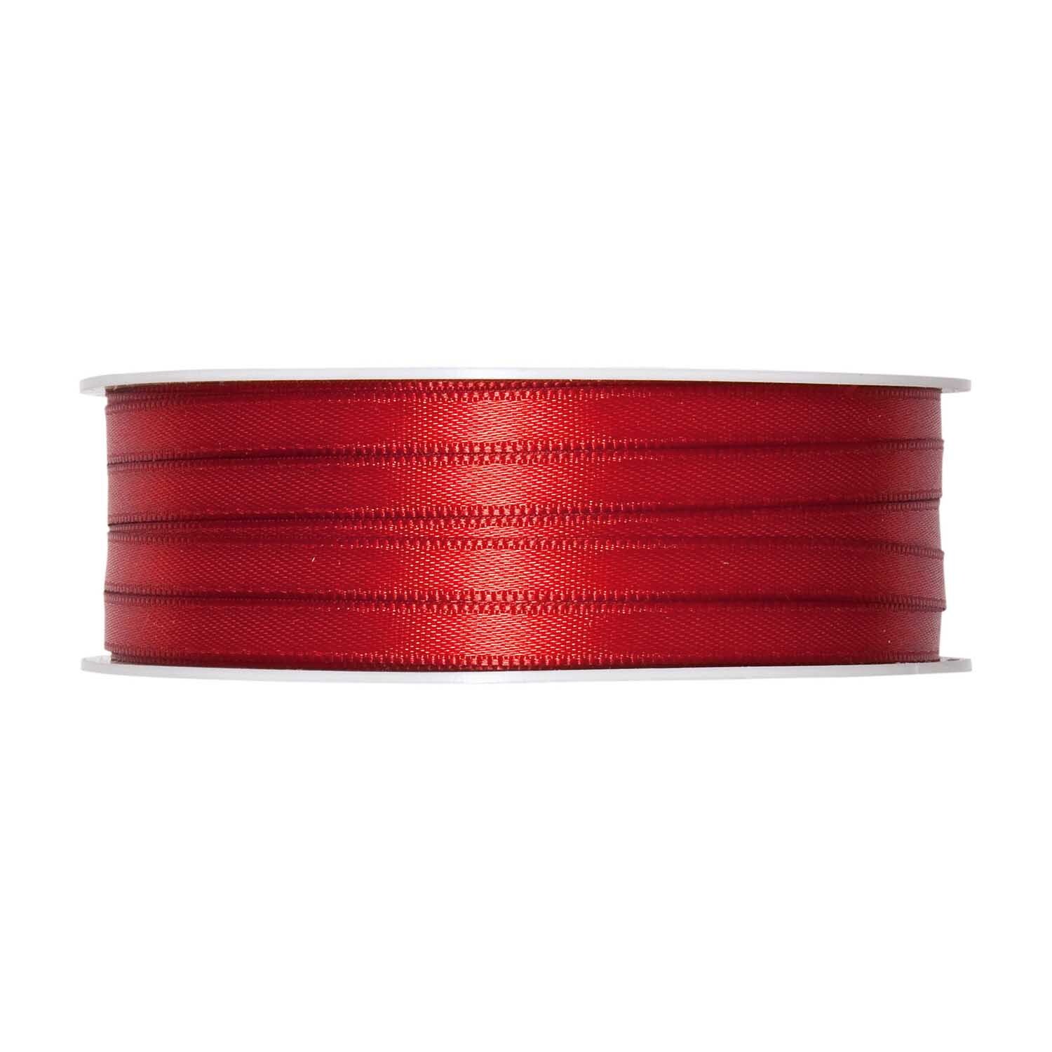 Satinband 6mm 10m von Halbach in leuchtendem Rot, aufgerollt auf einer Spule, ideal für Dekorationen.