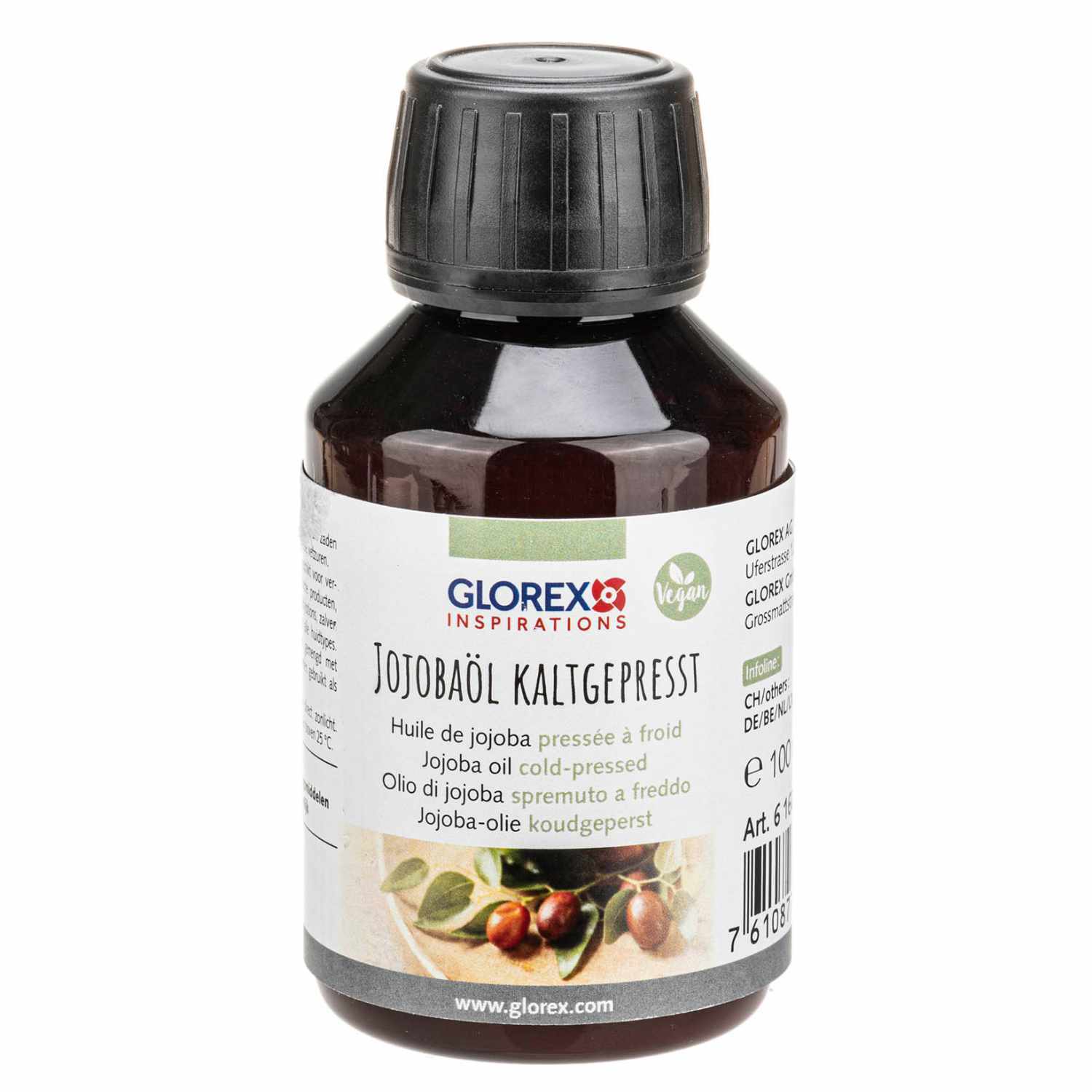 Jojobaöl kaltgepresst 100ml von Glorex in einer dunklen Flasche mit schwarzem Deckel, ideal für Hautpflege.