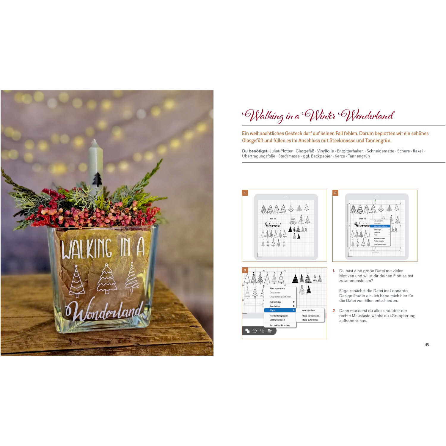 Weihnachtlich Plotten - 24 zauberhafte DIY-Projekte: Glasvase mit Kerze und festlicher Dekoration, ideal für kreative Weihnachtsideen.