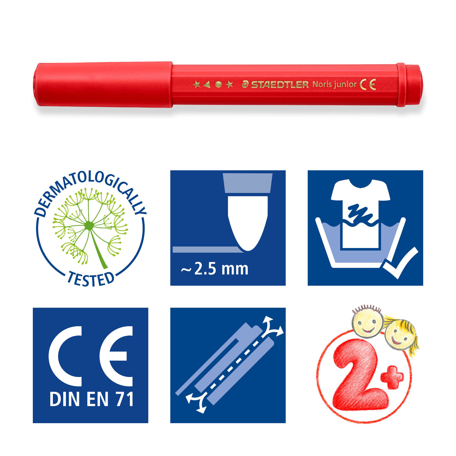 Noris Junior Fasermaler Set 6 Stück, Staedtler, roter Stift mit dicker Spitze, dermatologisch getestet, auswaschbar, kindersicher ab zwei Jahren