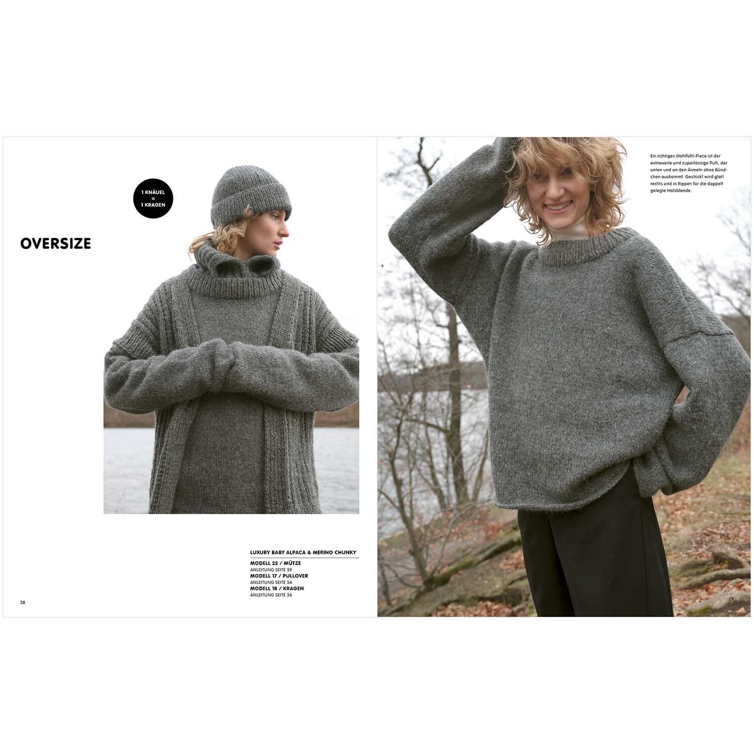Luxury Knits Winter Special: Zwei Frauen in grauen Strickpullovern und Mützen von Rico Design am Seeufer.