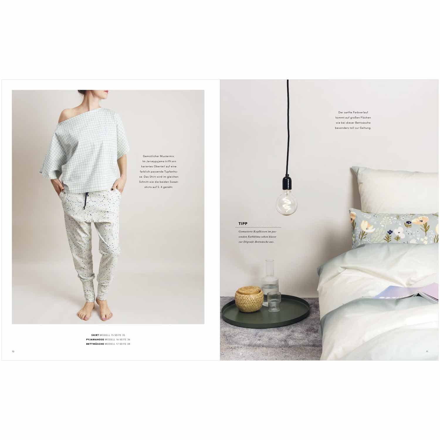 Das kleine Rico Nähbuch Crafted Nature zeigt gemütliche Heimtextilien und Mode in sanften Tönen, präsentiert von Rico Design.