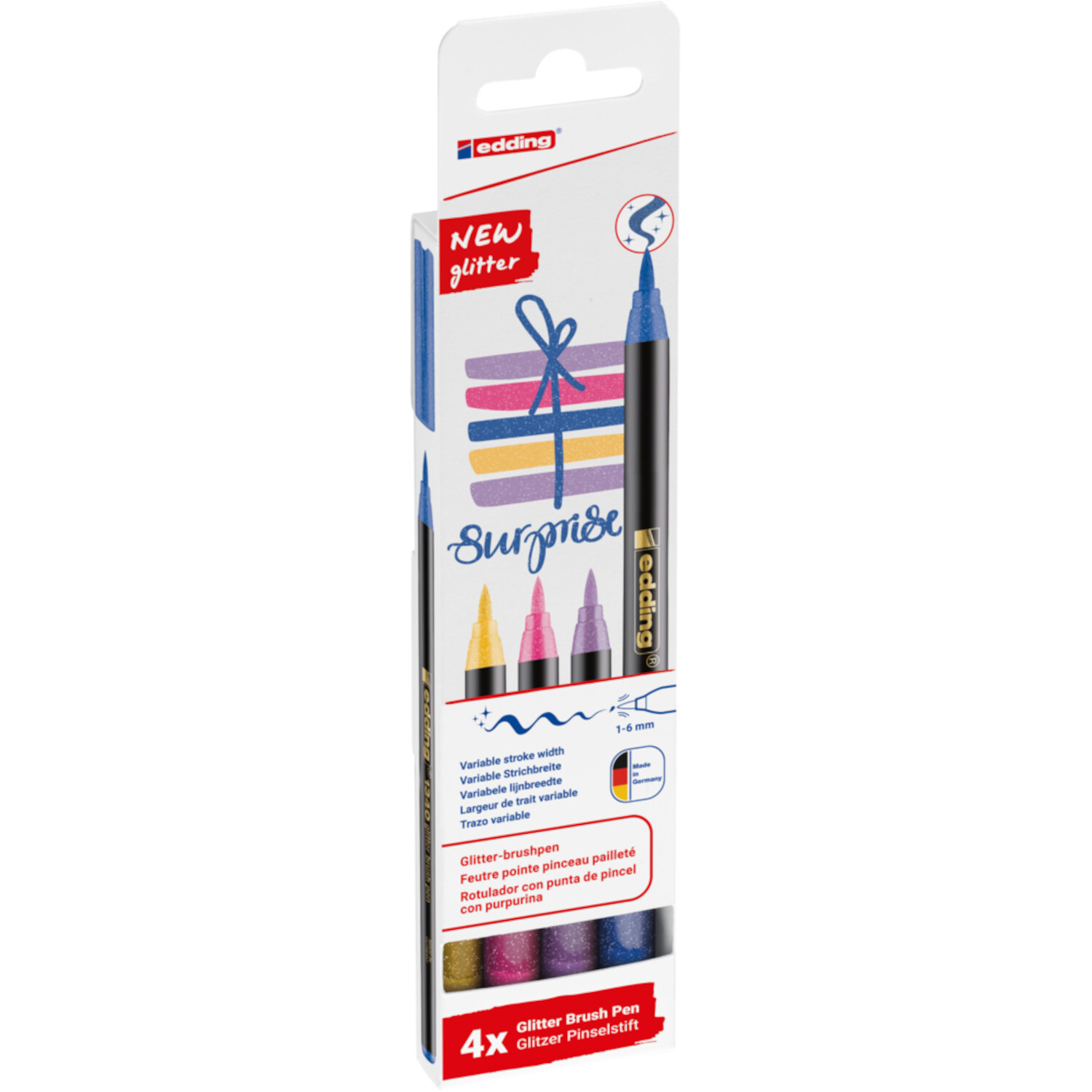 Pinselstift Set Edding 1340 Glitter, 4-teilig, zeigt bunte Stifte in Verpackung mit Glitzereffekt.