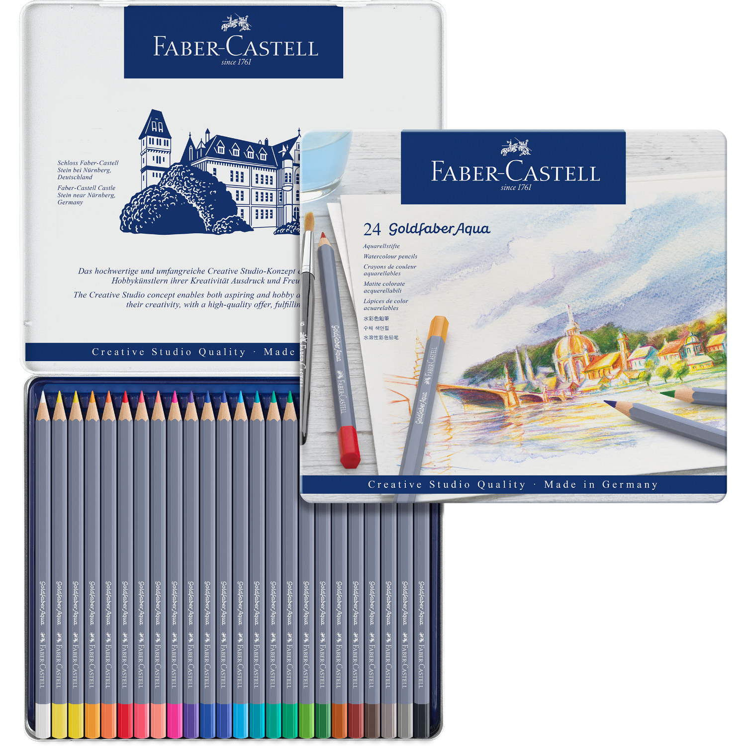 Goldfaber Aqua Aquarellstifte im Metalletui, 24-teilig, von Faber Castell, mit bunten Stiften und künstlerischem Design auf der Verpackung.