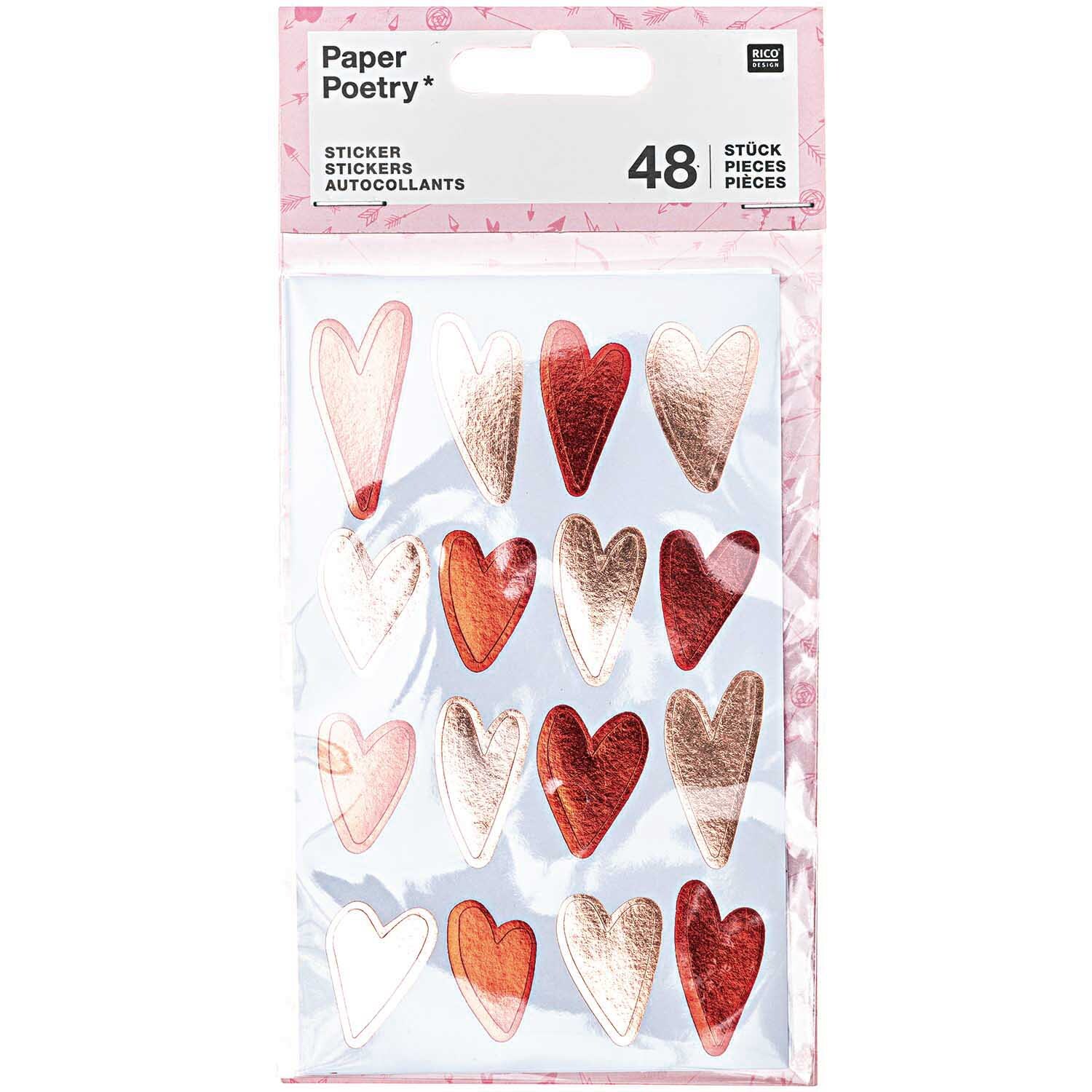 Paper Poetry Sticker mit rosa-roten Herzmotiven auf vier Blättern. Ideal für kreative Projekte.