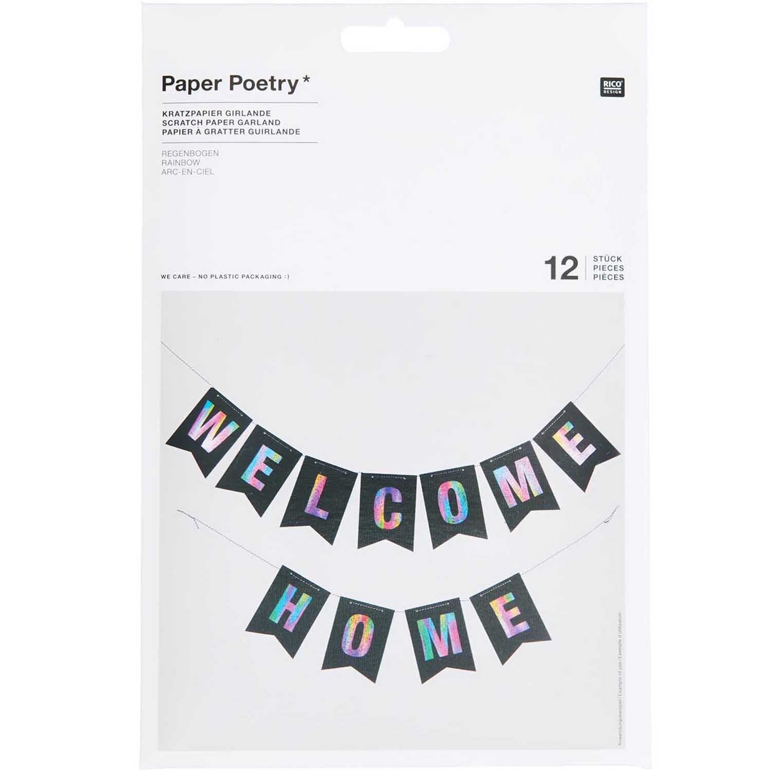 Paper Poetry Kratzpapier Girlande mit 12 Wimpeln und Holzkratzer, zeigt "Welcome Home". Ideal für kreative Dekorationen.