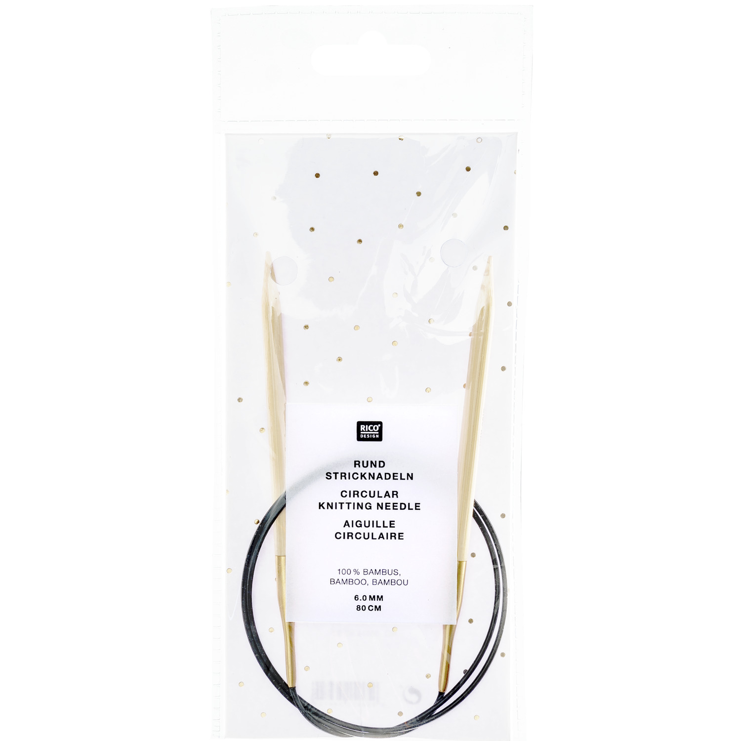 Rundstricknadel 80cm Bambus von Rico Design in transparenter Verpackung mit goldenen Punkten. Ideal für Strickprojekte.
