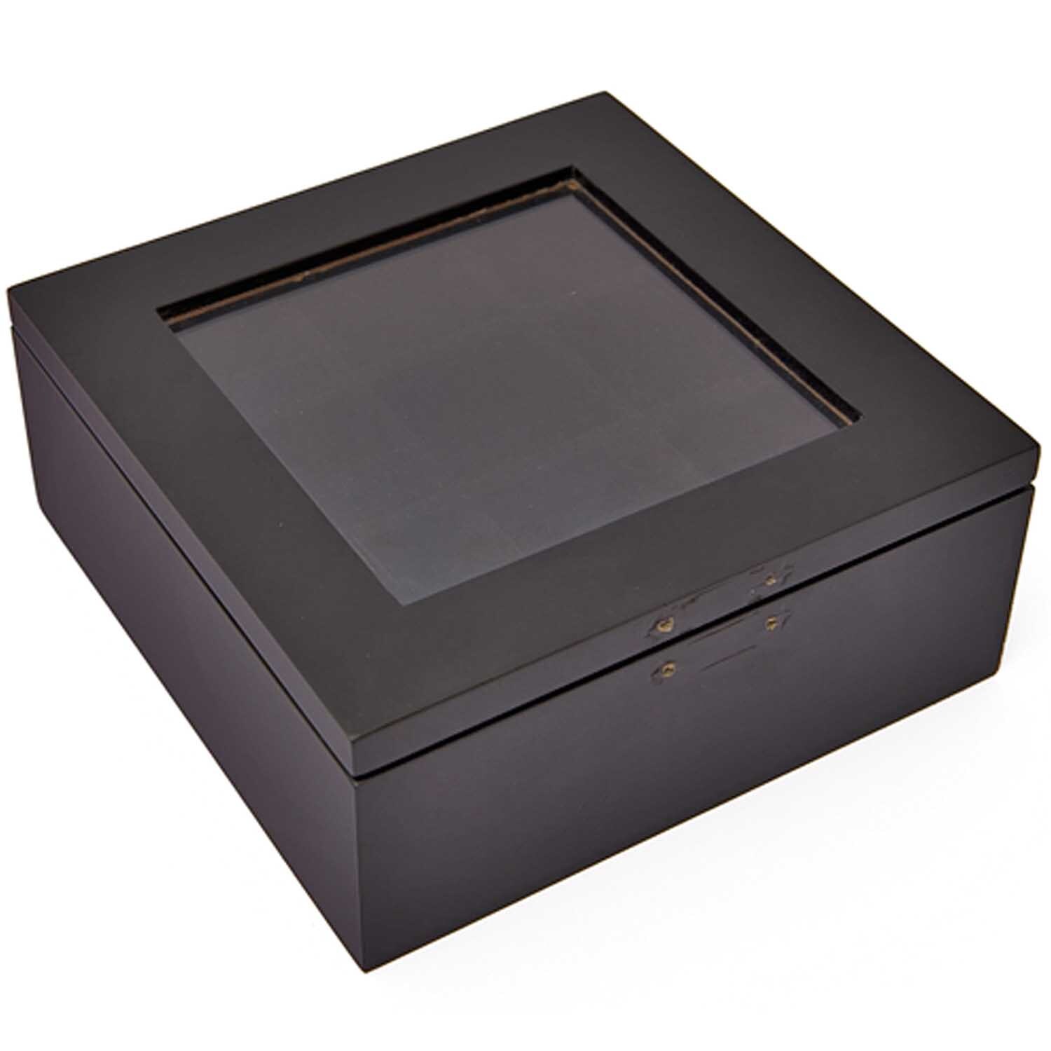 Schmuckschatulle schwarz 12,5x12,5x5cm von Rico Design. Elegante, quadratische Box mit Glasdeckel. Ideal zur Aufbewahrung von Schmuck.