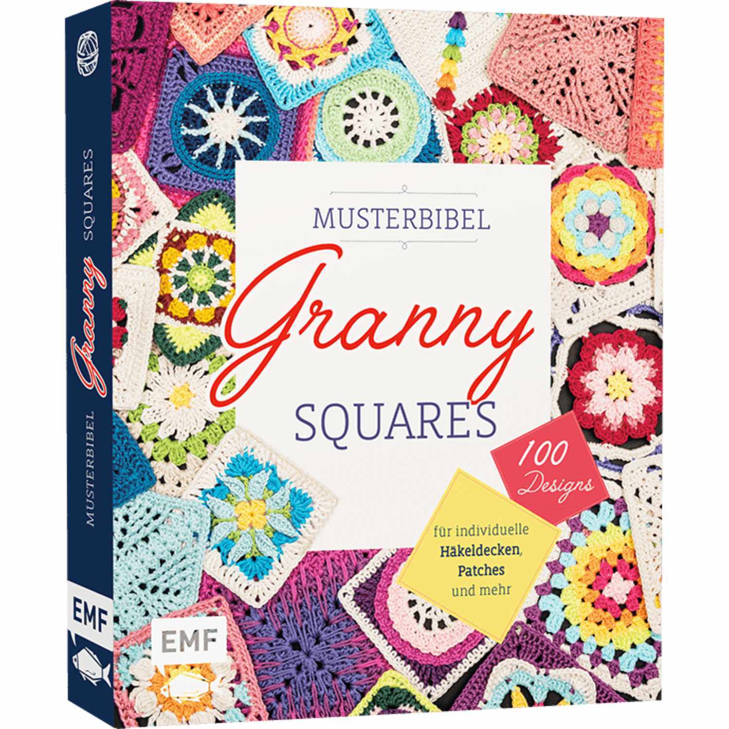 Musterbibel Granny Squares: Buntes Buchcover mit gehäkelten Quadraten, ideal für kreative Häkelprojekte. Marke EMF.