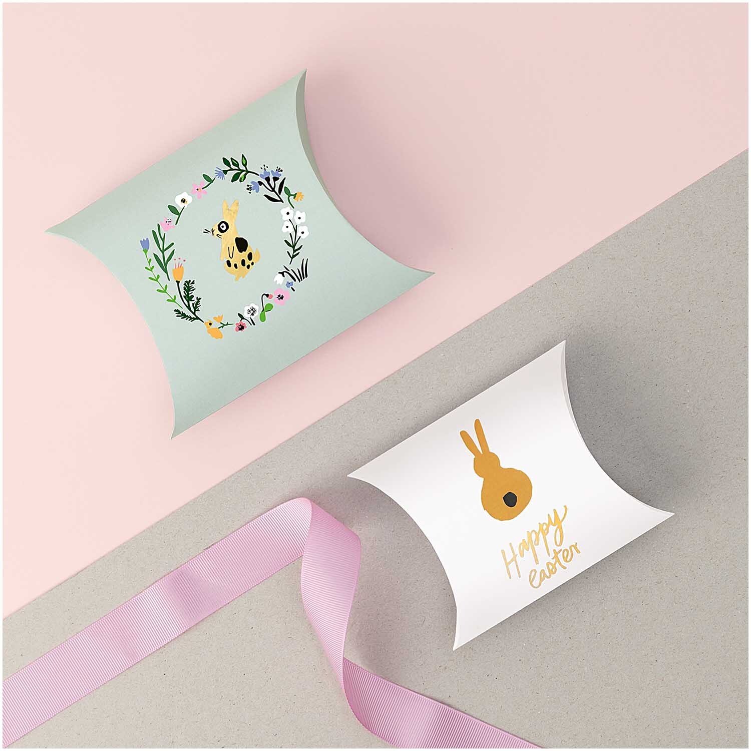 Paper Poetry Geschenkschachteln Bunny Hop Happy Easter 6 Stück, dekorative Boxen mit Osterdesigns auf pastellfarbenem Hintergrund.