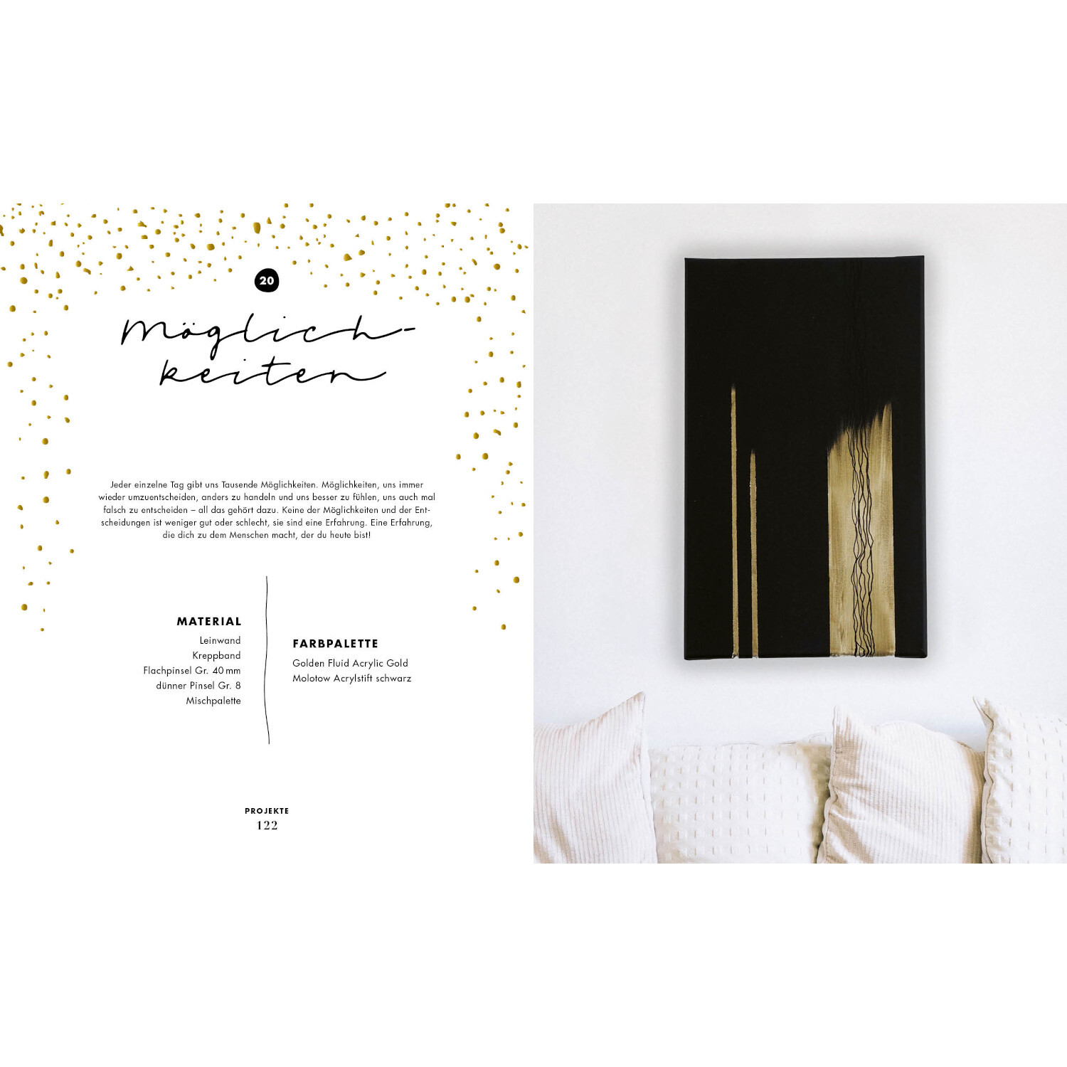 Shine – Art for Home: Schwarzes und goldenes Wandbild über einem weißen Sofa, stilvoll und modern.