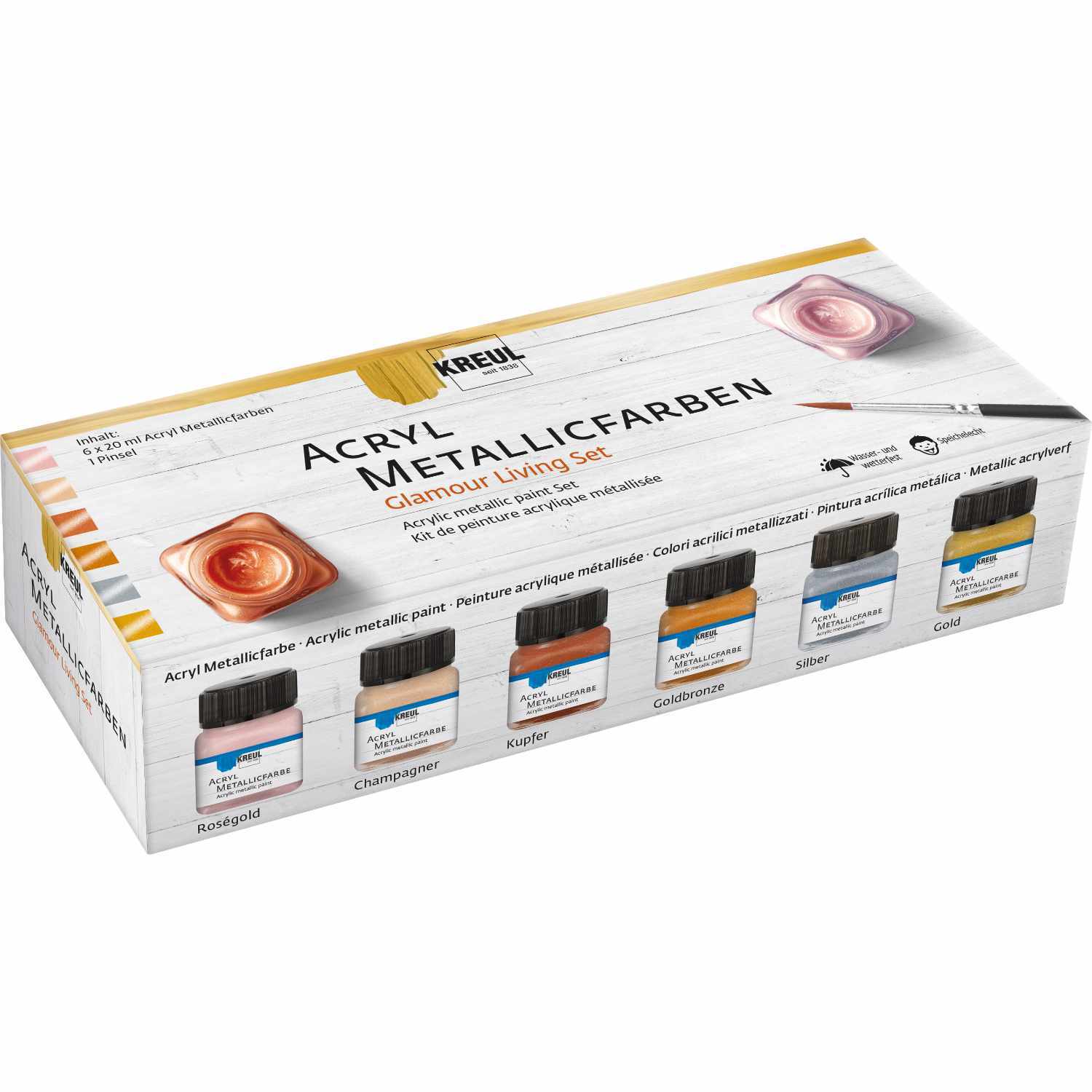 Acryl Metallicfarben Set Glamour Living 20ml 6 Stück von KREUL, zeigt sechs Farbtöne in einer Verpackung. Ideal für kreative Projekte.