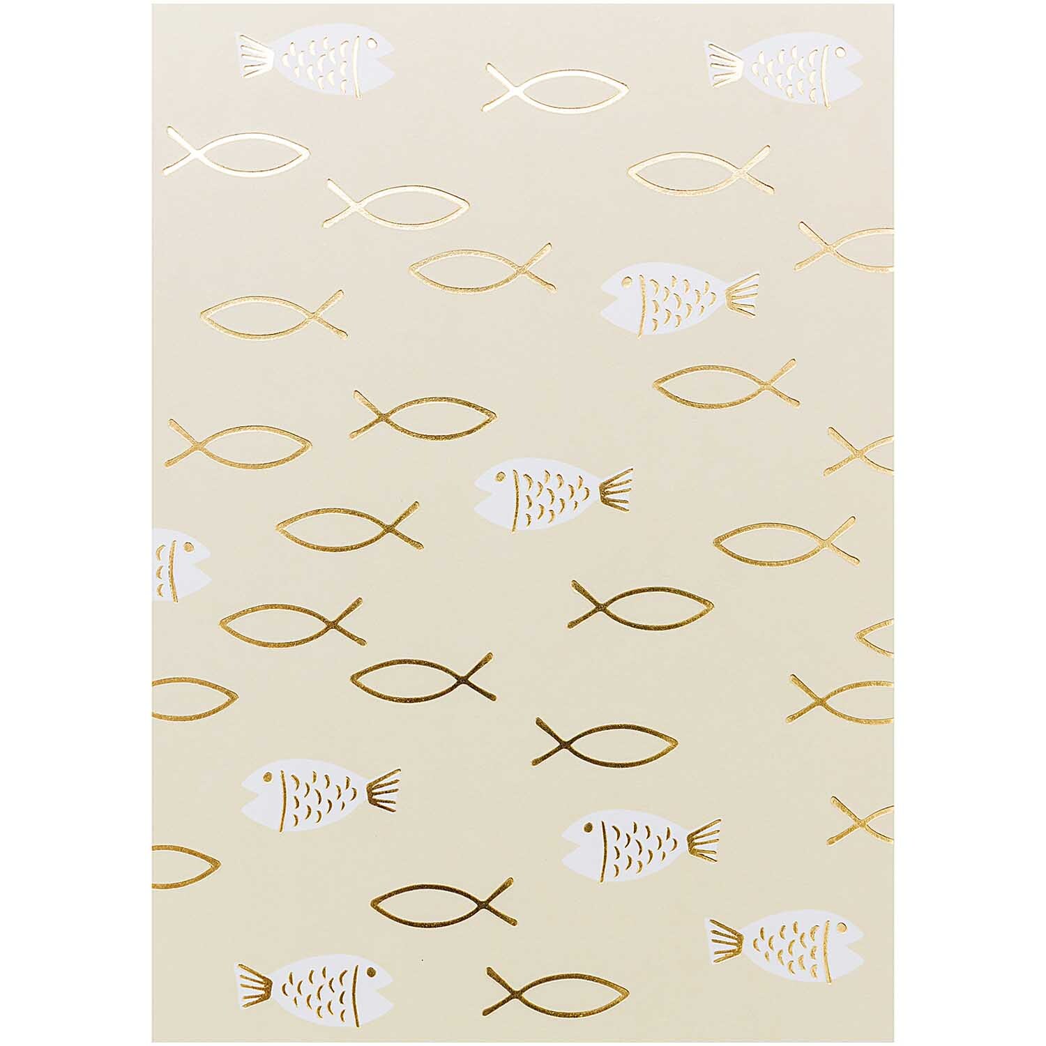 Paper Poetry Postkartenblock mit Fischmotiven in Gold und Weiß, ideal für Kommunion und Konfirmation. Marke: Rico Design.