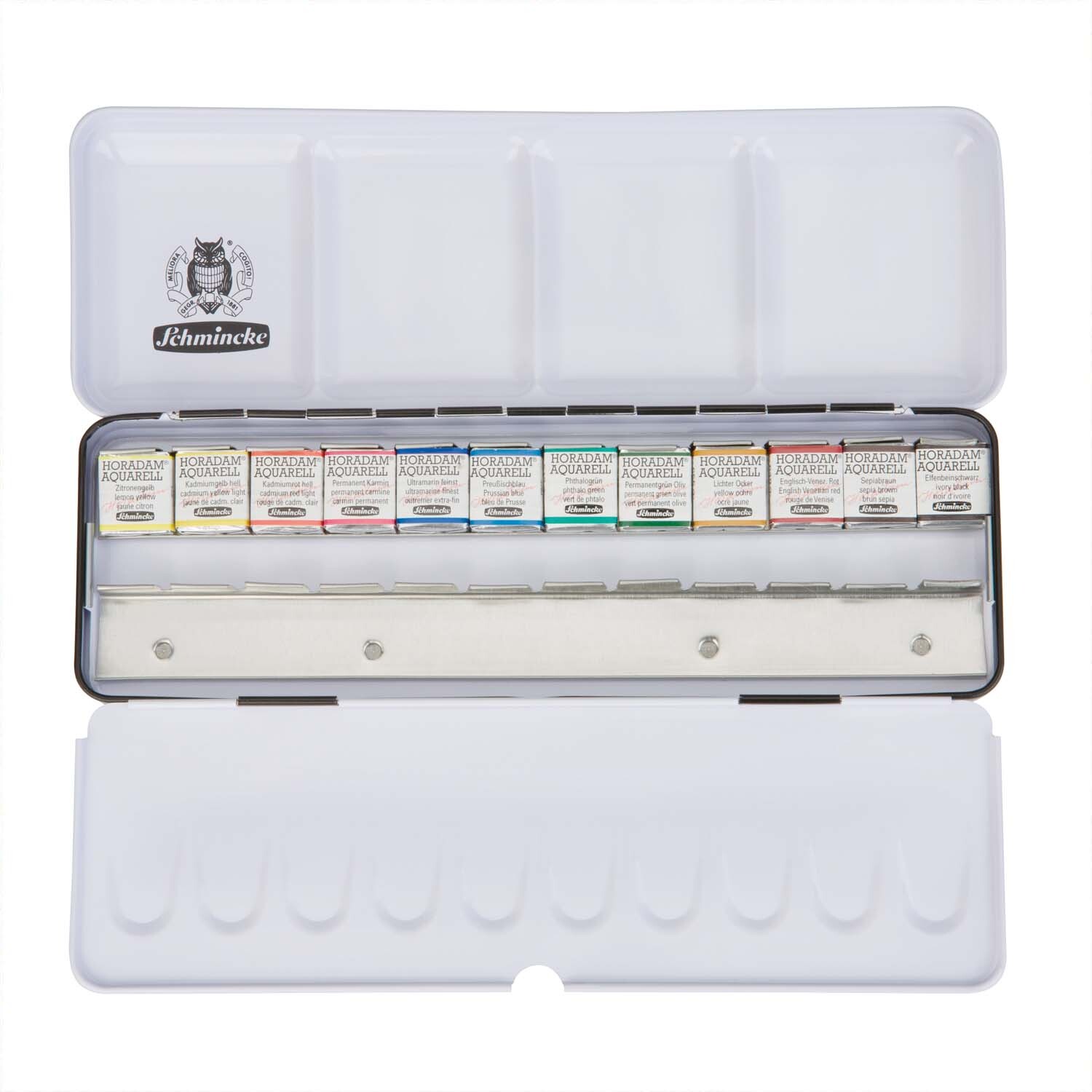 Horadam Aquarellfarben Metallkasten mit 12 halben Näpfen von Schmincke, geöffnet und mehrfarbig. Ideal für Künstler.