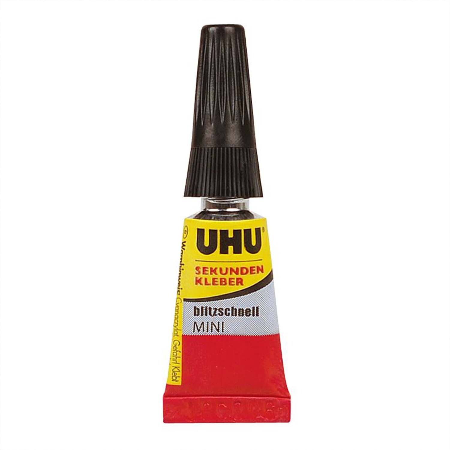 Sekundenkleber blitzschnell Minis 3x 1g von UHU, rote Tube mit schwarzem Verschluss, ideal für schnelle Klebearbeiten.