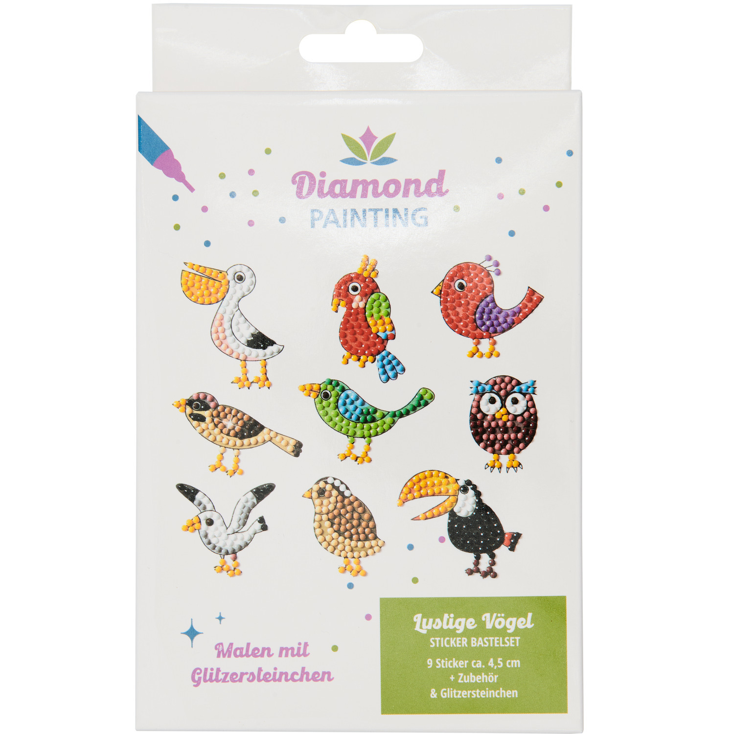 Diamond Painting Sticker Lustige Vögel, 9 Stück, bunte Vogelsticker mit Glitzersteinen auf weißem Hintergrund. Marke: iden.