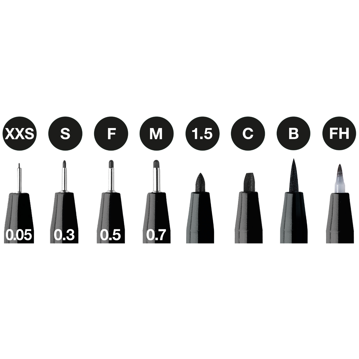 Pitt Artist Pen Tuschestift Set Schwarz, 8-teilig, zeigt verschiedene Spitzenstärken von XXS bis FH. Ideal für präzises Zeichnen und Skizzieren.