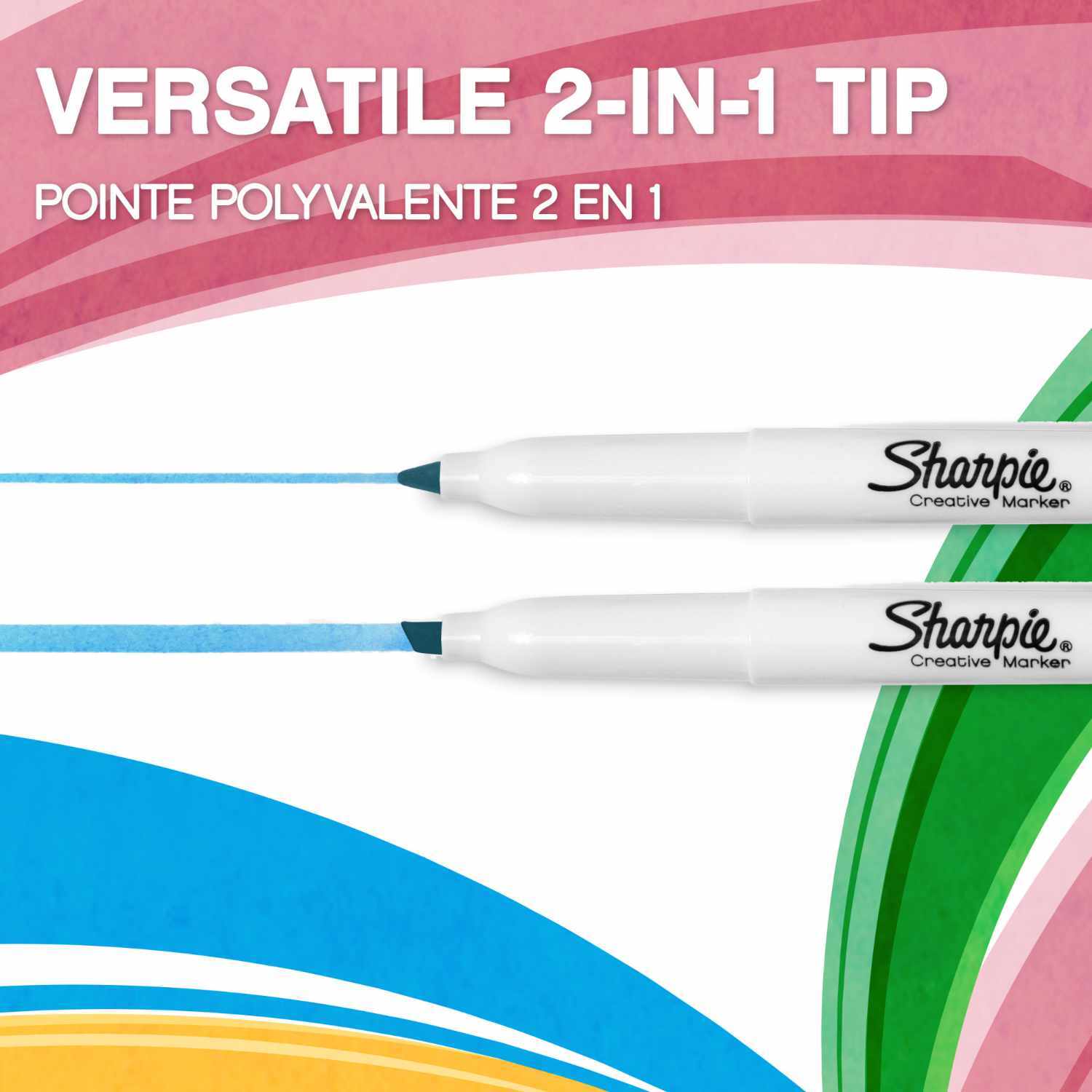 Marker S-Note 12 Stück mit vielseitiger 2-in-1 Spitze, blau, von Sharpie, auf buntem Hintergrund.