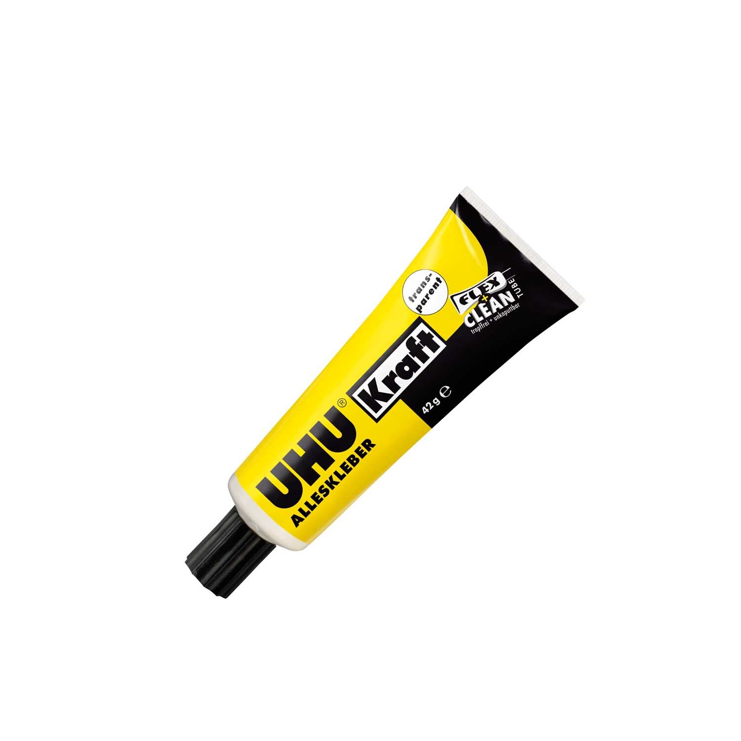 Alleskleber Kraft Flex & Clean 42g von UHU in gelber Tube mit schwarzem Verschluss auf schwarzem Hintergrund.