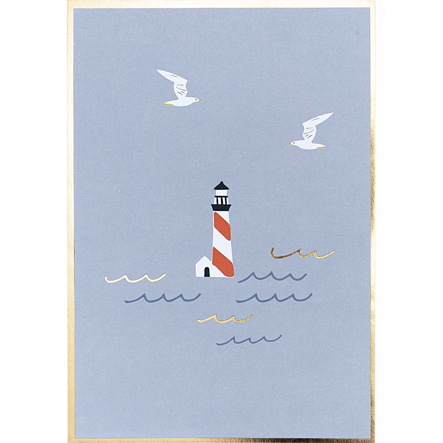 Paper Poetry Postkartenblock Maritim zeigt einen Leuchtturm auf blauem Hintergrund mit Möwen.