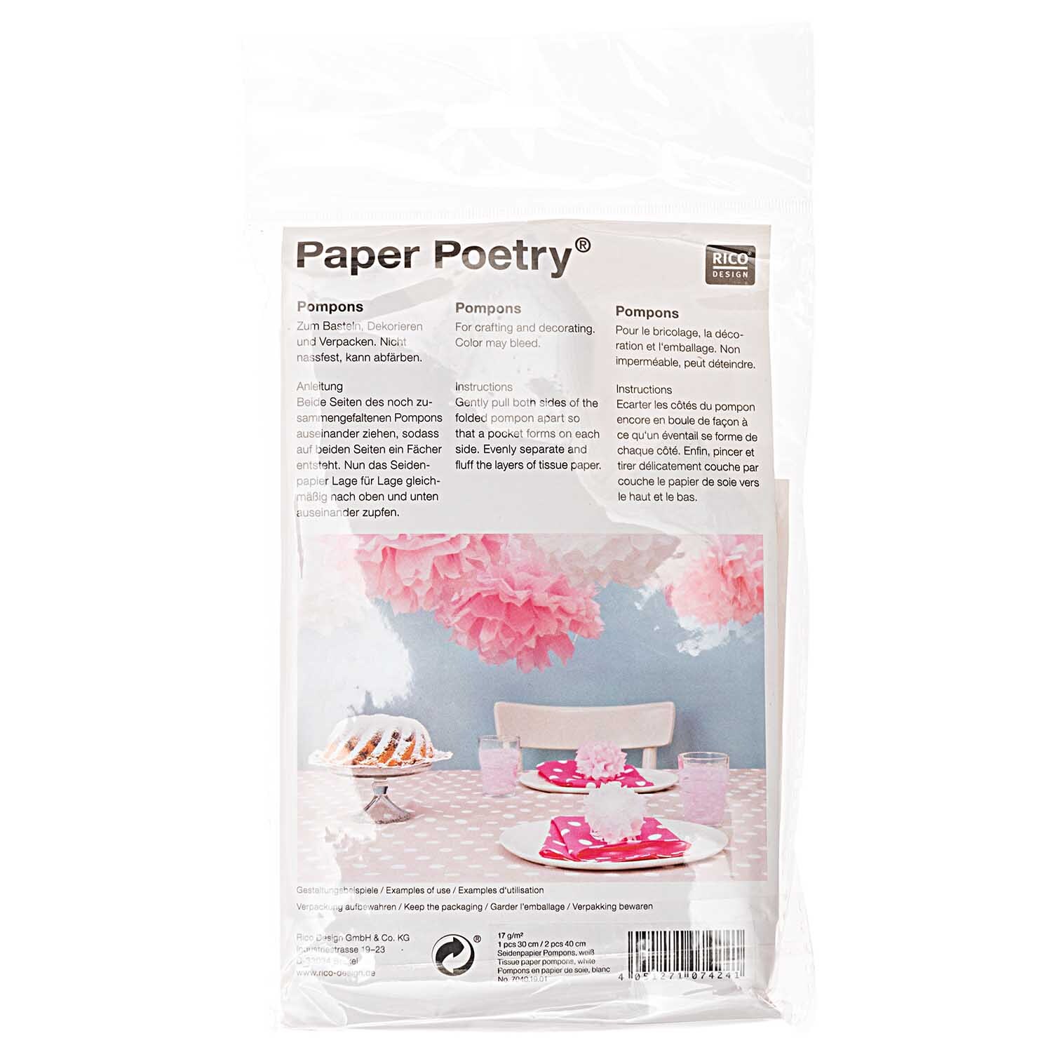 Seidenpapier Pompons 17g/m² 3 Stück von Rico Design in einer Verpackung, ideal für Dekorationen.