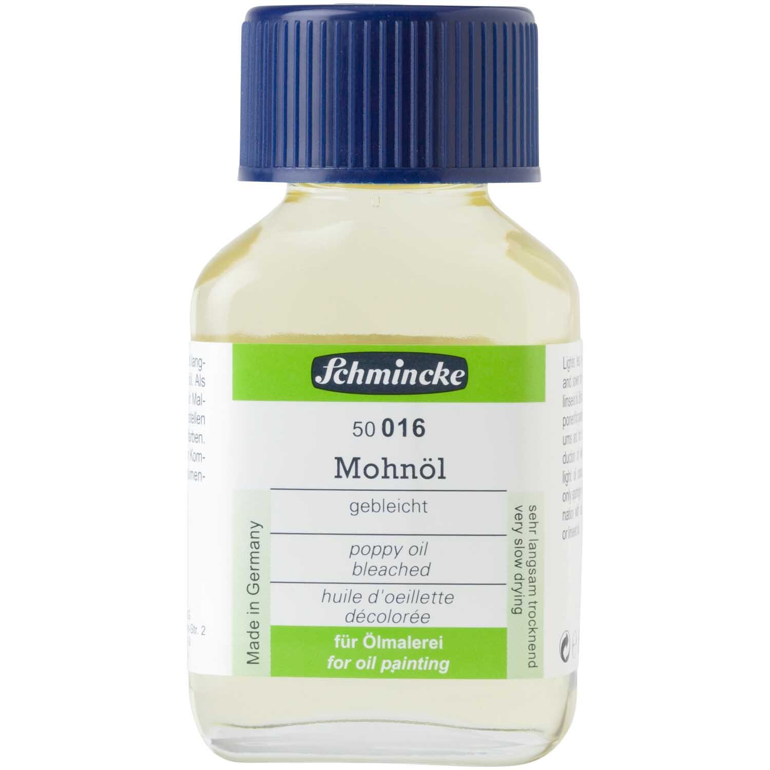 Mohnöl gebleicht 60ml von Schmincke in einer transparenten Flasche mit blauem Deckel, ideal für die Ölmalerei.