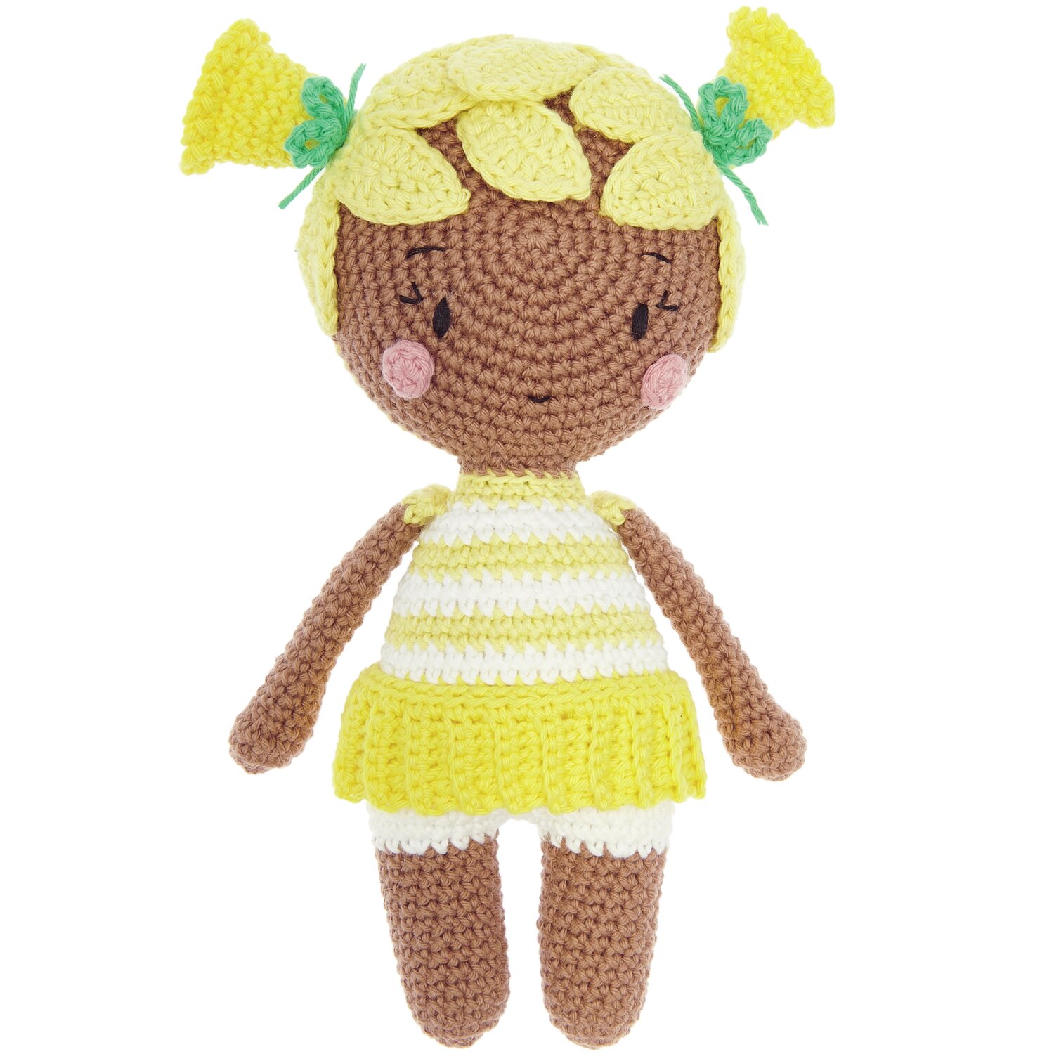 Häkelset Ricorumi Blooming Beauties Osterglocke: Niedliche gehäkelte Puppe mit gelbem Kleid und Blumenhaarschmuck von Rico Design.