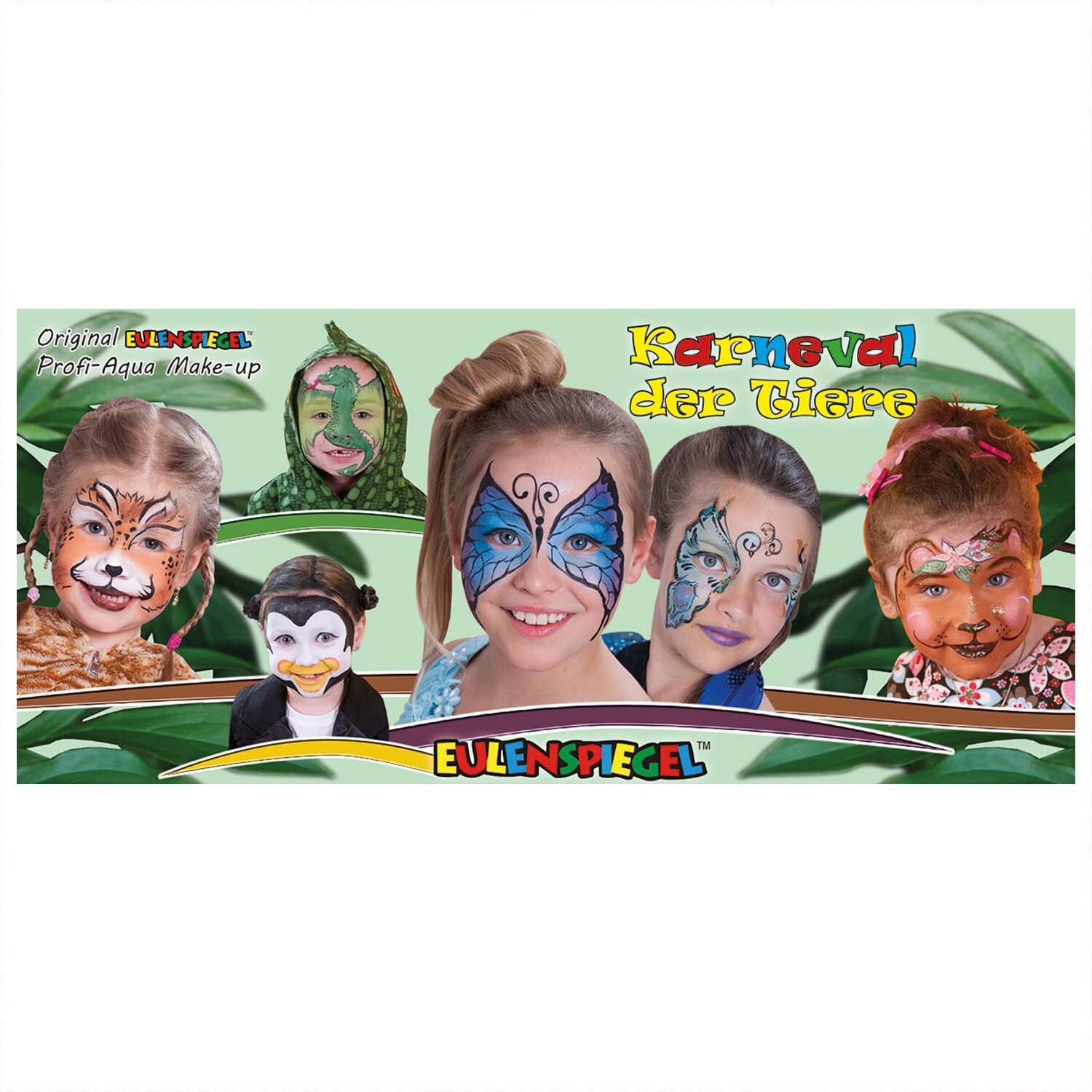 Metall-Schminkpalette Karneval der Tiere zeigt Kinder mit buntem Tiergesichtsschminken von Eulenspiegel.
