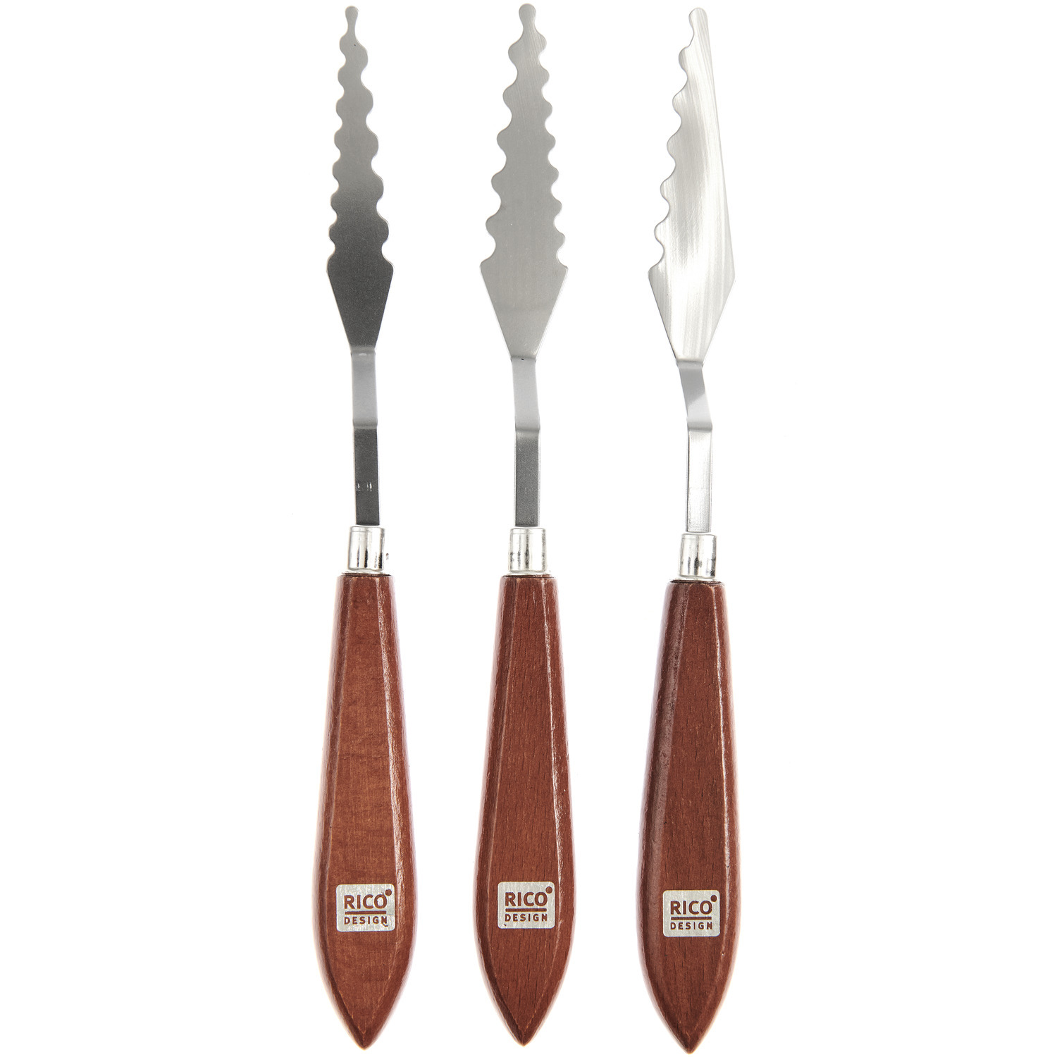 Spachtel spitz 3er Set von Rico Design mit braunen Griffen und gezackten Metallklingen.