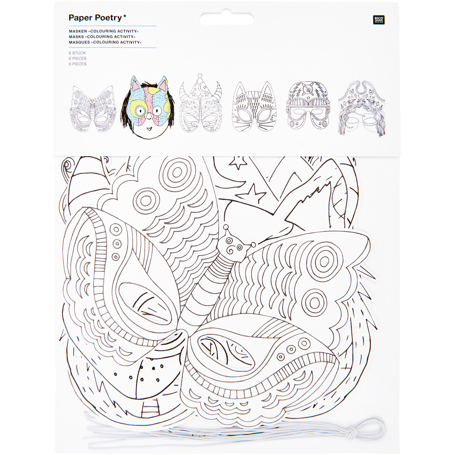 Paper Poetry Masken zum Ausmalen 6 Stück von Rico Design, kreative Masken mit detaillierten Mustern zum individuellen Gestalten und Ausmalen.