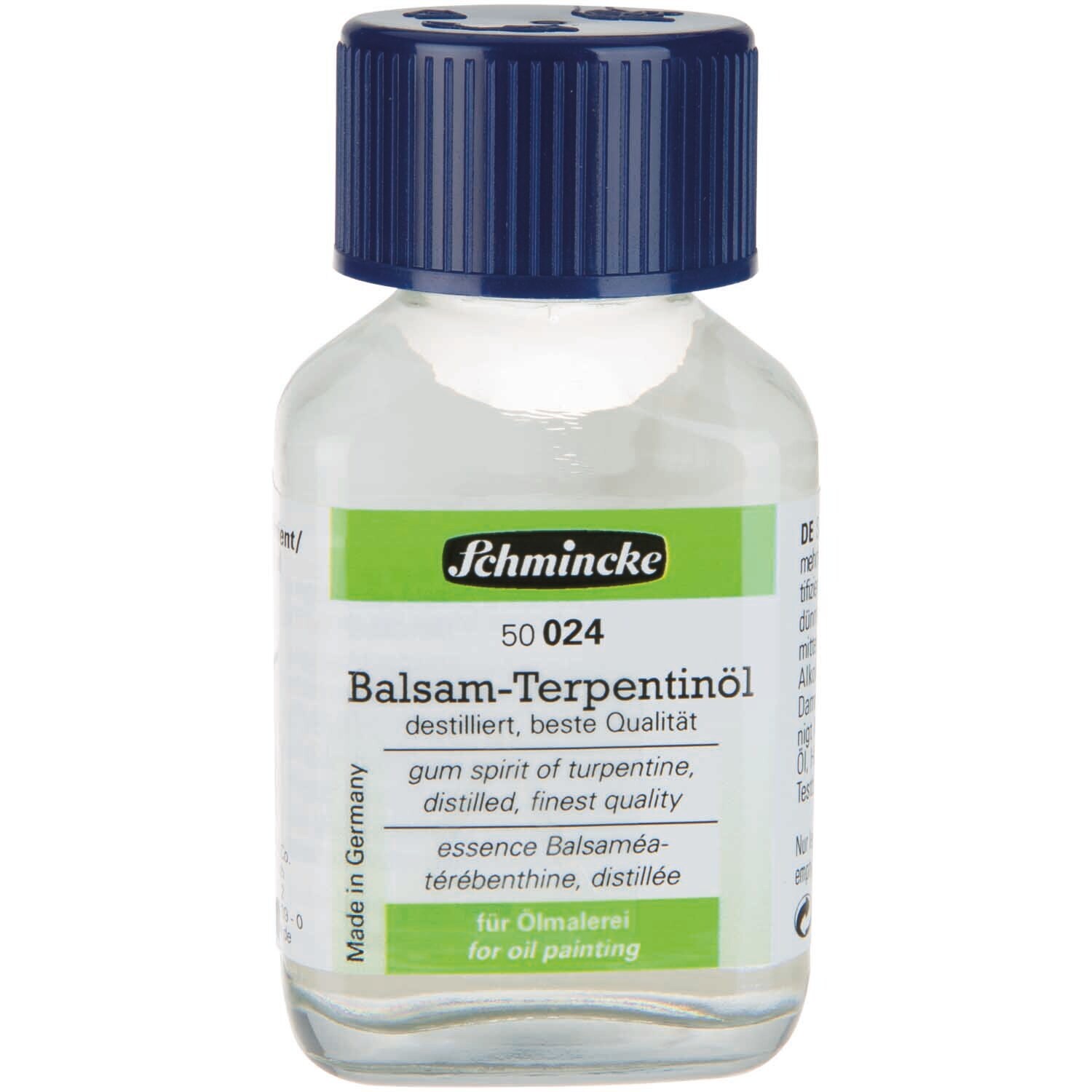 Balsam Terpentinöl 60ml von Schmincke in einer klaren Flasche mit blauem Deckel, ideal für Ölmalerei.