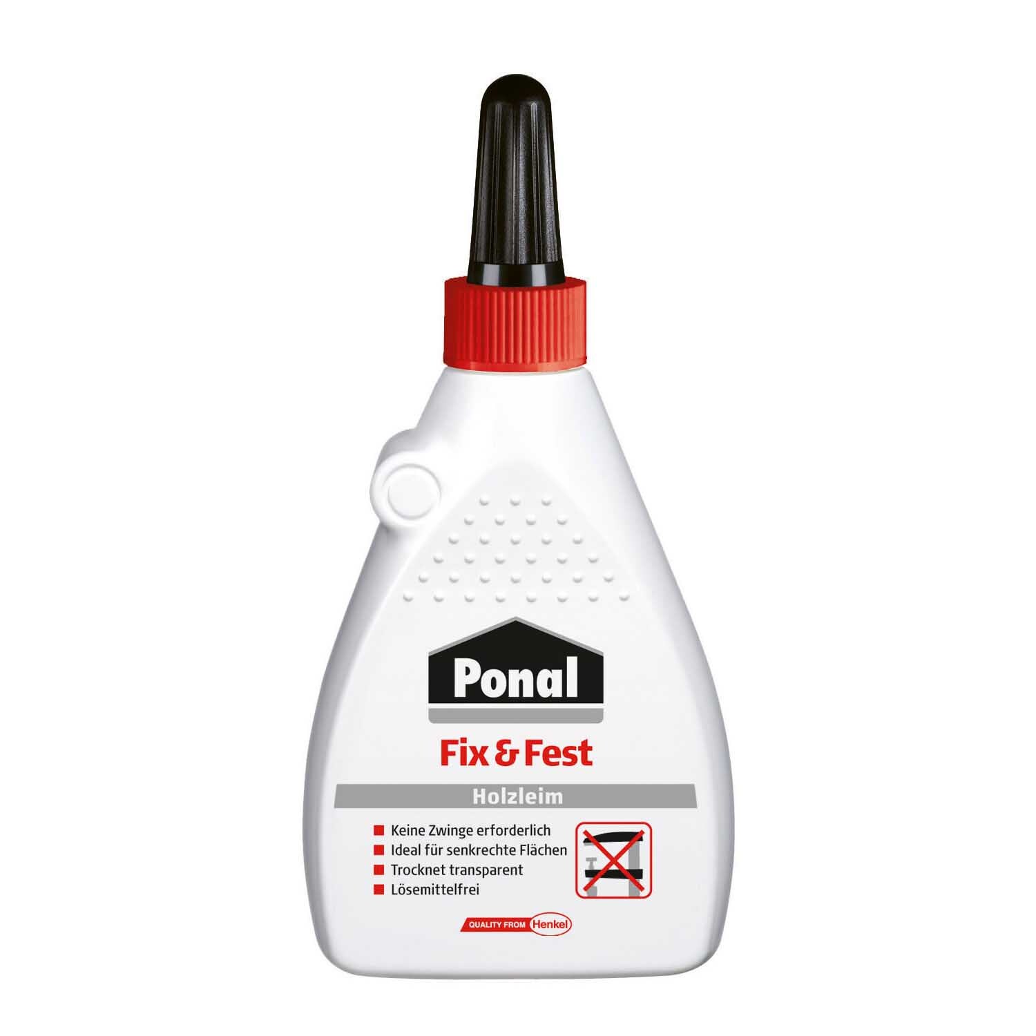 Fix & Fest 100g Holzleim von Ponal in weißer Flasche mit rotem Verschluss, ideal für Holzarbeiten.