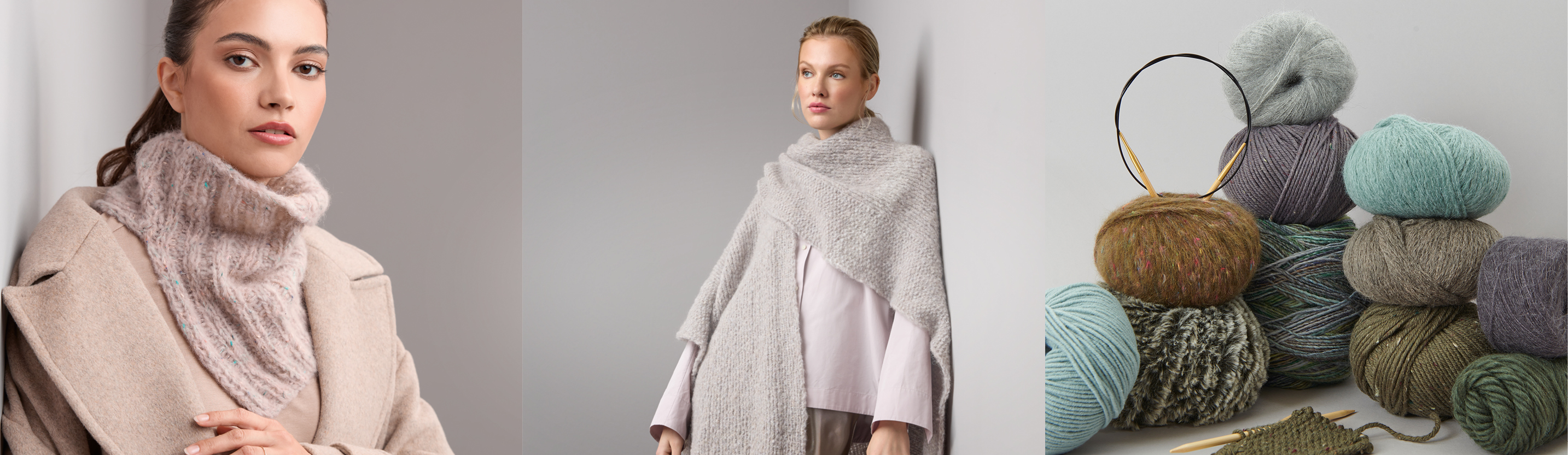 Drei Bilder nebeneinander. Eine Frau trägt einen gestrickten Rollkargen, eine Frau trägt einen gestrickten Schal und verschiedene Garne mit Rundstricknadeln.