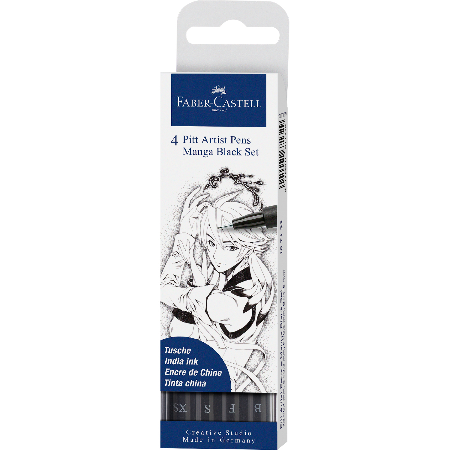 Pitt Artist Pen Tuschestift Manga Black Set, 4-teilig, zeigt eine Manga-Zeichnung mit schwarzem Stift. Verpackung von Faber Castell.