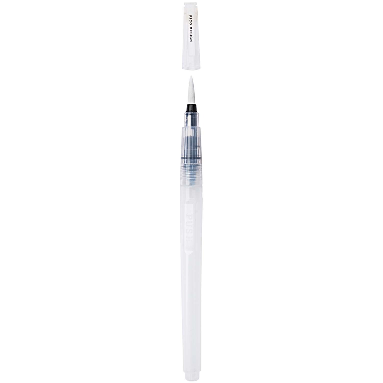 Wassertankpinsel rund groß von Rico Design, transparent, mit abnehmbarer Kappe und feiner Spitze. Ideal für präzises Malen.
