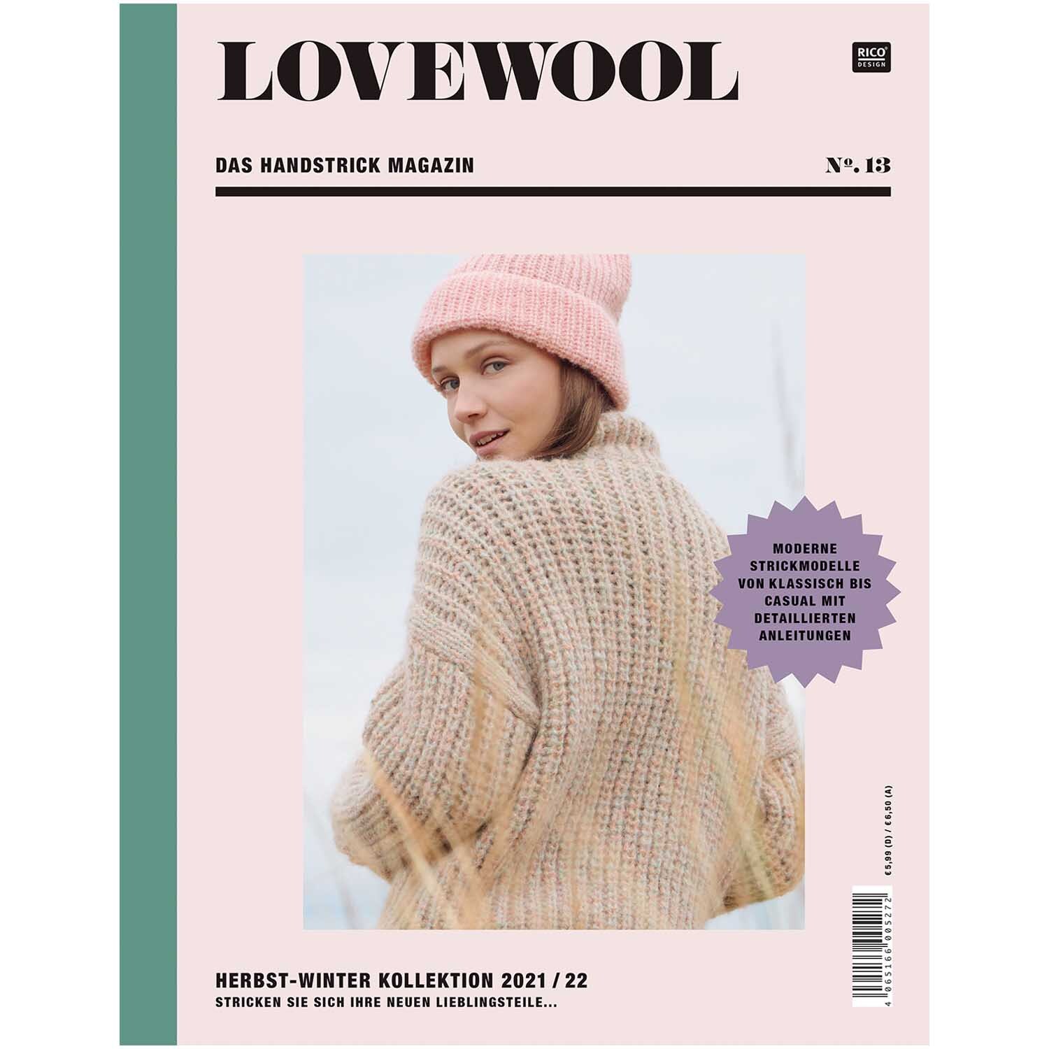 Lovewool Nr.13 Handstrickmagazin zeigt eine Frau in einem beigen Strickpullover und rosa Mütze.