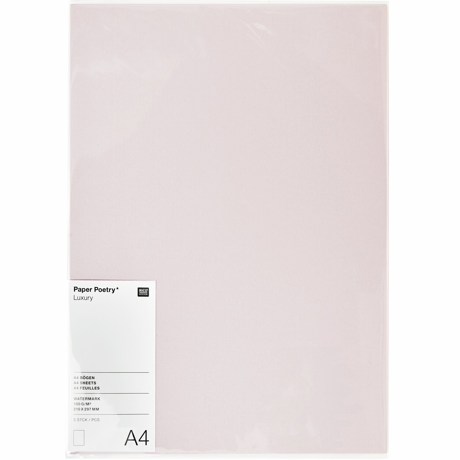 Paper Poetry Luxury Bögen A4, zartes Rosa, 5 Stück, ideal für kreative Projekte und Bastelarbeiten. Hochwertiges Design von Rico Design.