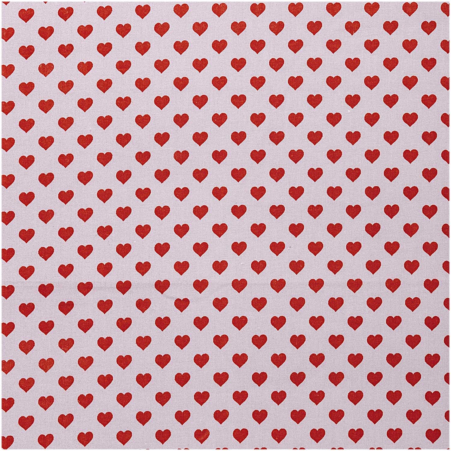 Druckstoff Herzen flieder-rot 140cm von Rico Design zeigt rote Herzen auf fliederfarbenem Hintergrund. Ideal für kreative Nähprojekte.