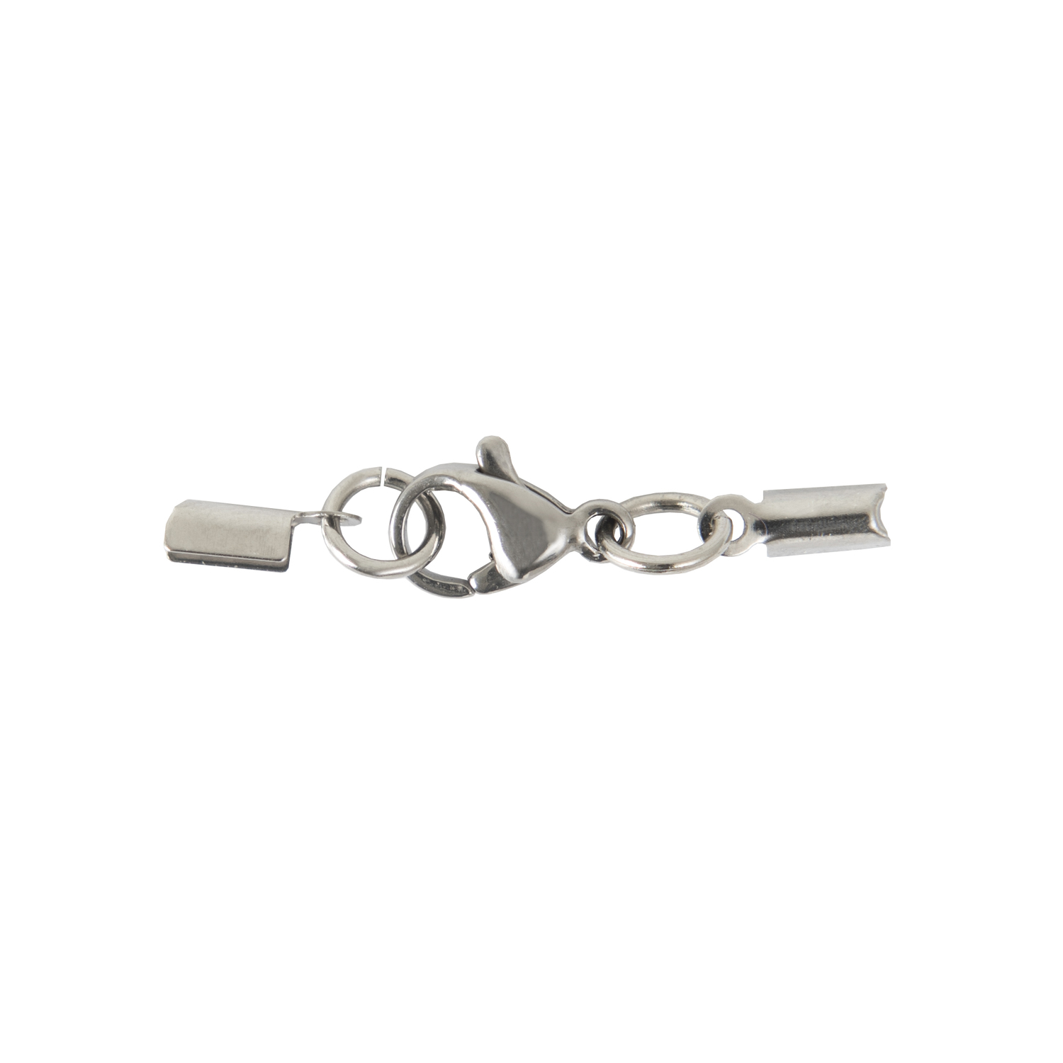 Lederbandverschluss Edelstahl 2mm von Rico Design in Silber, zeigt einen eleganten Karabinerverschluss. Ideal für Schmuckdesigns.