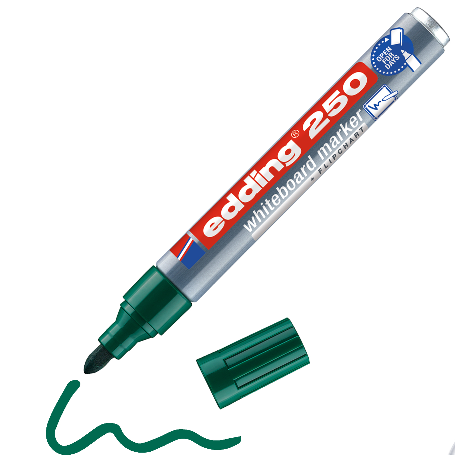250 Whiteboard Marker 1,5-3mm von edding in Grün, mit abnehmbarer Kappe und gezeichneter Linie.