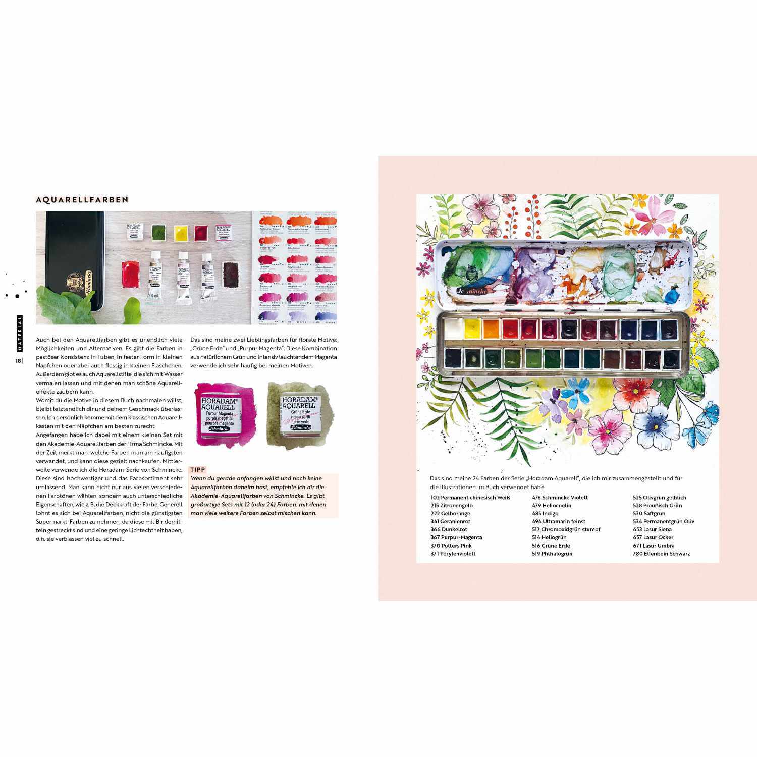 Watercolor - Florale Motive aus Wiese, Wald & Garten zeigt eine bunte Palette von Aquarellfarben und floralen Illustrationen.