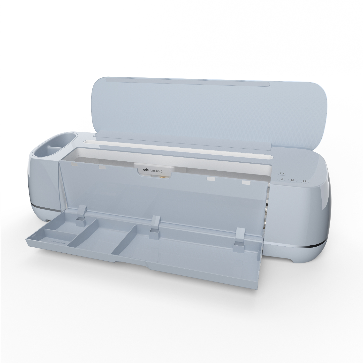 Maker 3 Schneideplotter von Cricut in hellgrau, geöffnet mit sichtbaren Schneidewerkzeugen. Ideal für präzises Basteln und DIY-Projekte.