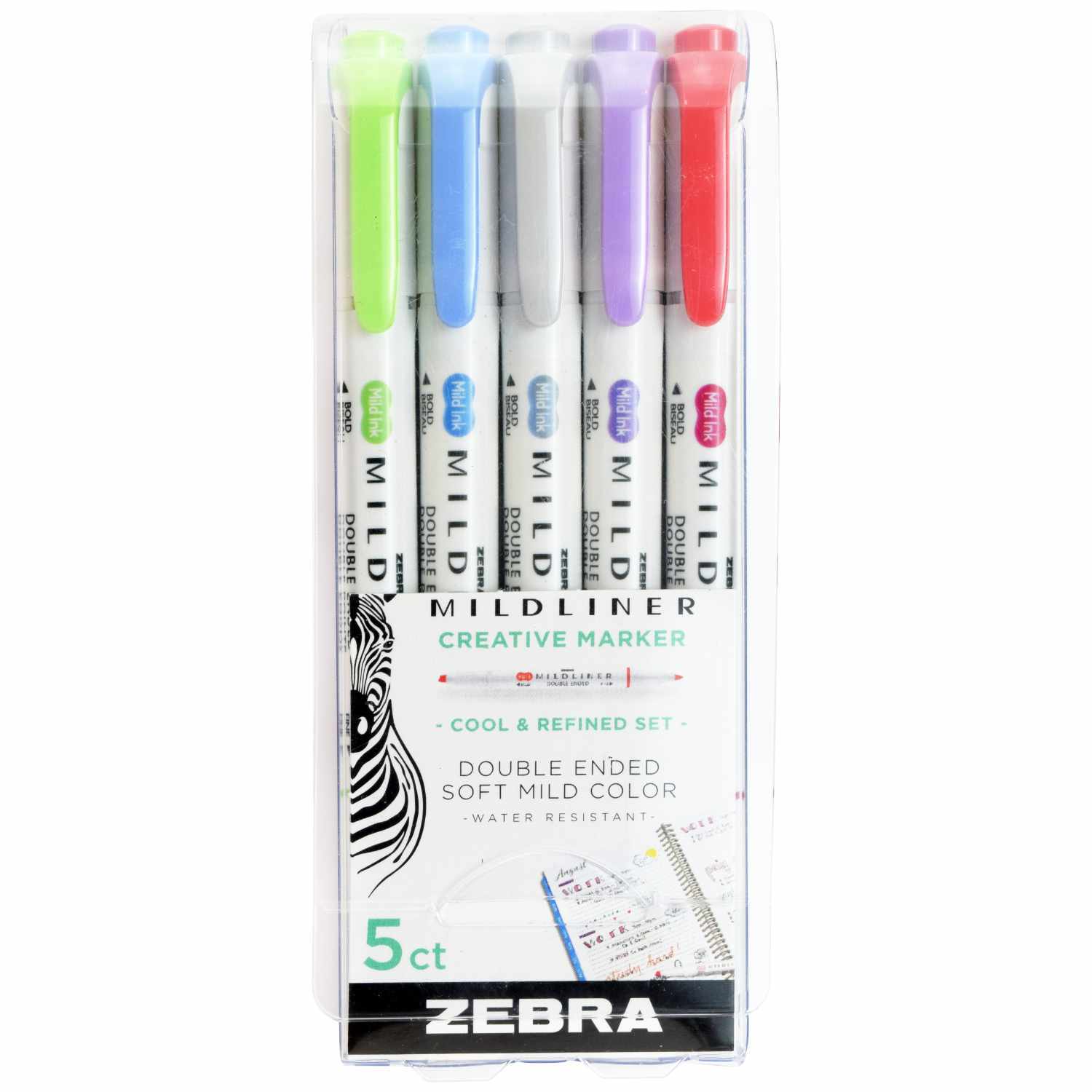 Mildliner Set Cool & Refined: Fünf doppelseitige Marker in Pastellfarben von ZEBRA in einer transparenten Verpackung.