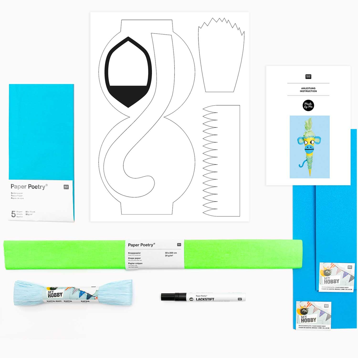 Bastelset Schultüte Affe von Rico Design mit blauen und grünen Materialien für kreative Schulanfänger. Enthält Papier, Marker und Anleitungen.